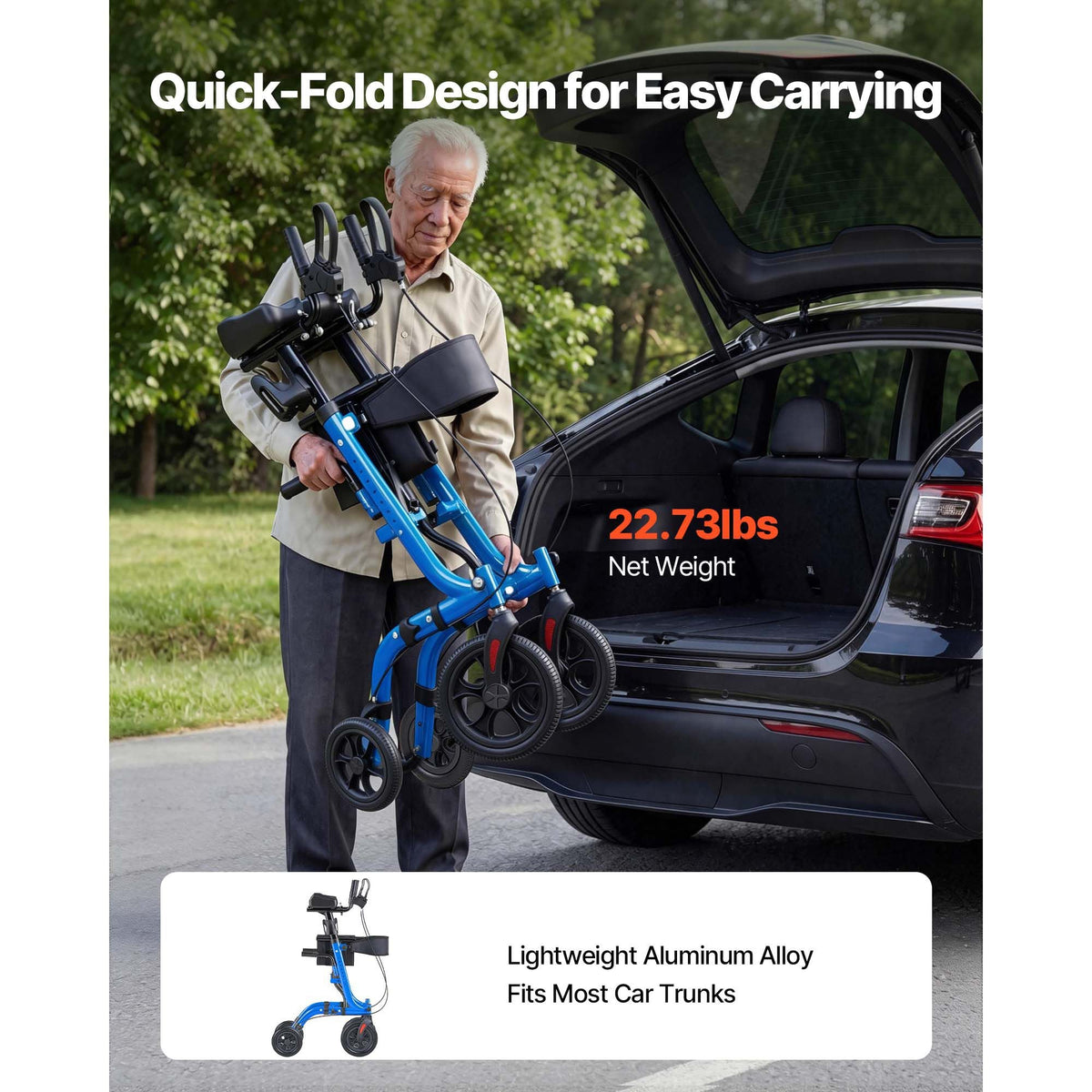Rollator Walker with Seat for Seniors, Foldable Rolling Walker, Lightweight Aluminum Mobility Walking Aid with PU Solid Wheels, Adjustable Handle, Storage Bag, Cup/Cane Holder - Supports 300LBS