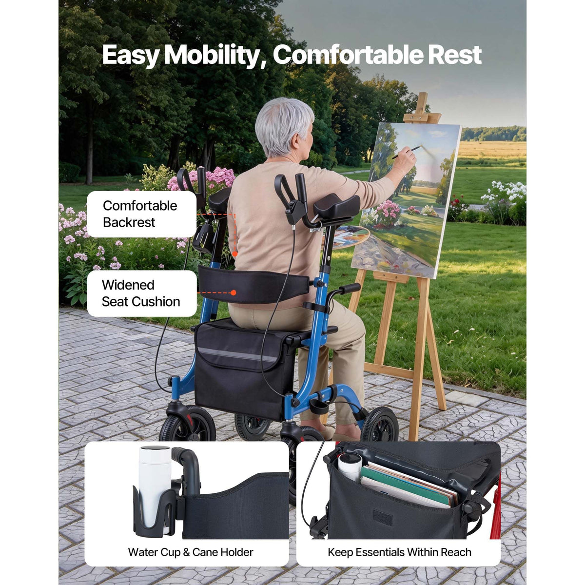 Rollator Walker with Seat for Seniors, Foldable Rolling Walker, Lightweight Aluminum Mobility Walking Aid with PU Solid Wheels, Adjustable Handle, Storage Bag, Cup/Cane Holder - Supports 300LBS