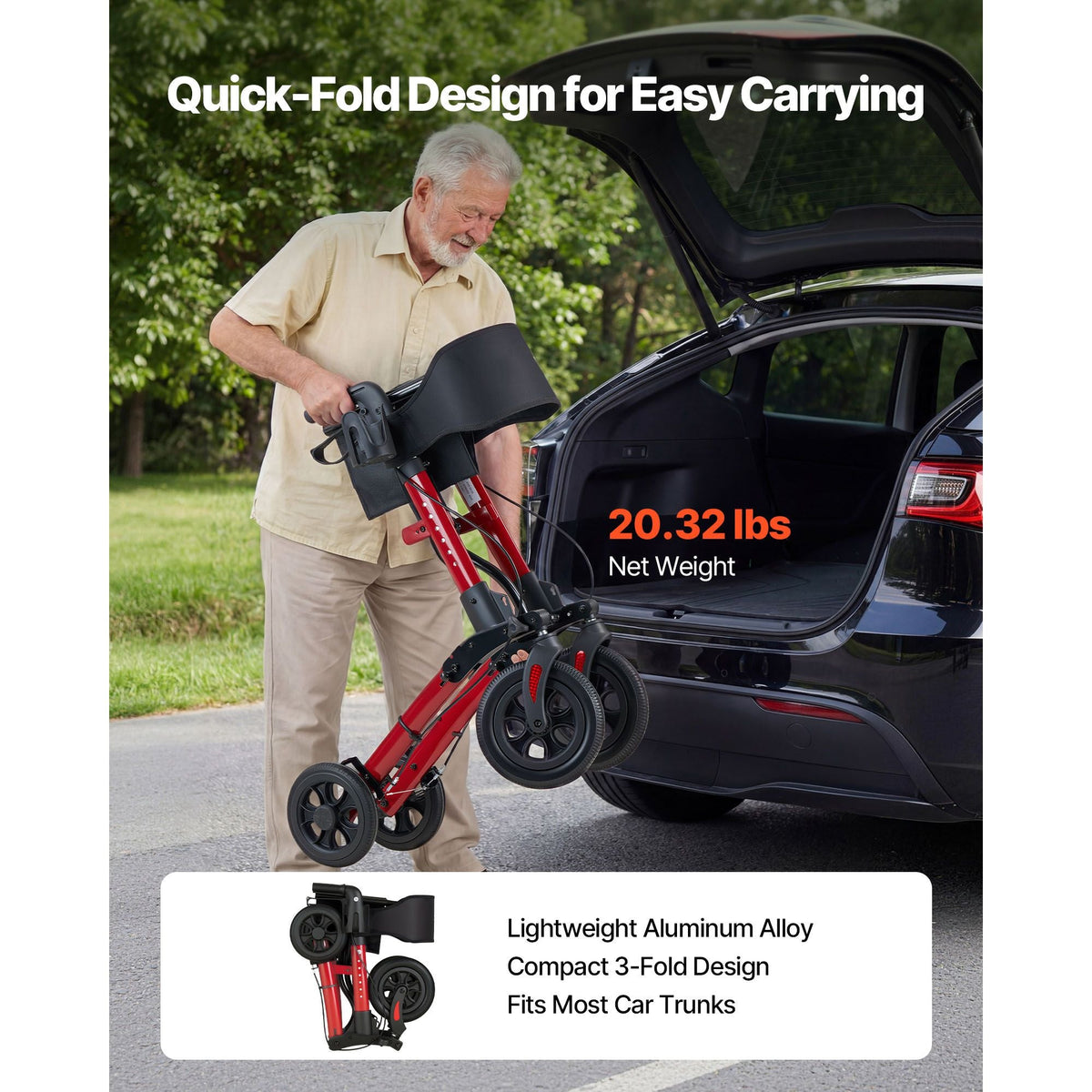 Rollator Walker with Seat for Seniors, Ultra Compact 3-Fold Rolling Walker, Lightweight Aluminum Mobility Walking Aid with PU Solid Wheels, Adjustable Handle, Cup & Cane Holder - Supports 300LBS