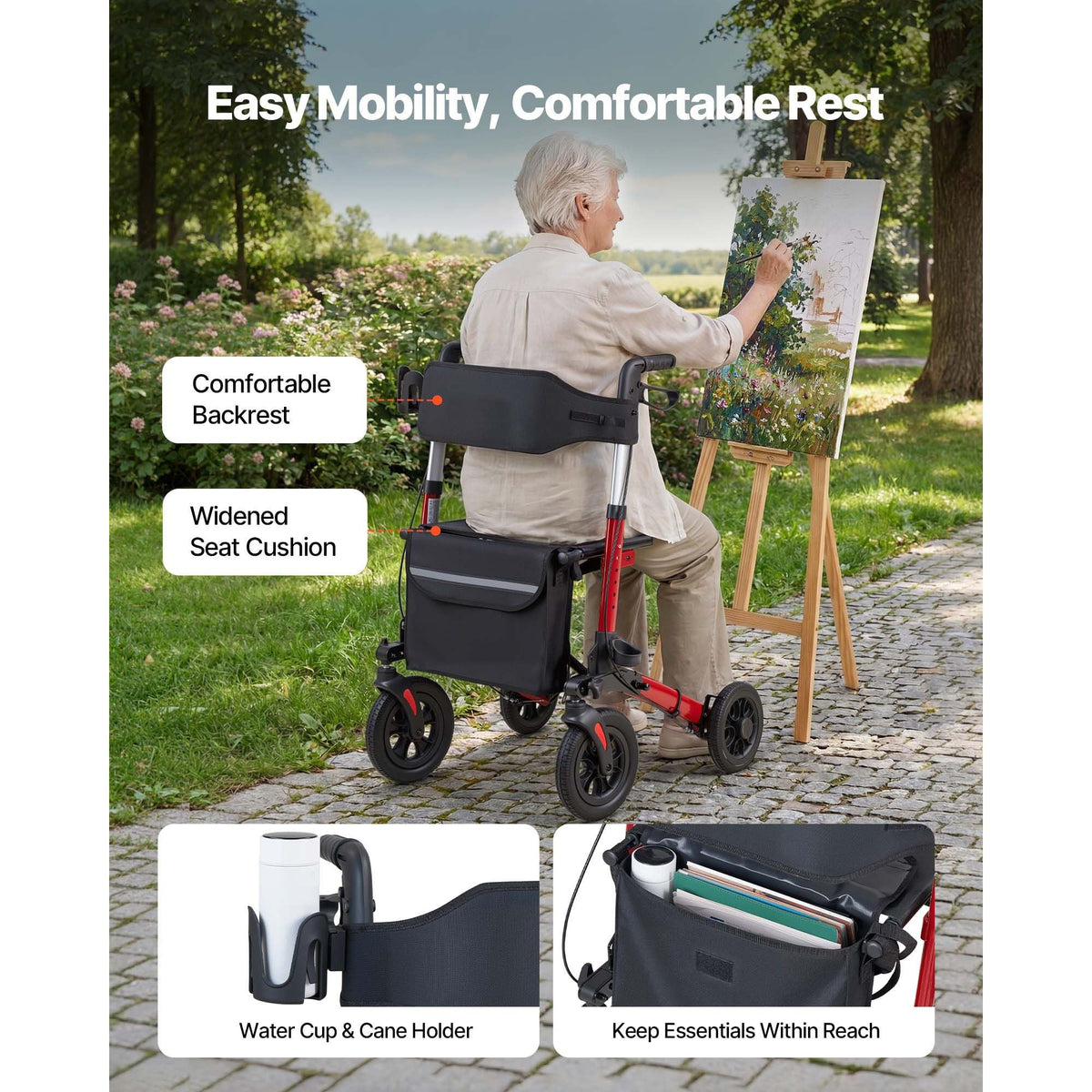 Rollator Walker with Seat for Seniors, Ultra Compact 3-Fold Rolling Walker, Lightweight Aluminum Mobility Walking Aid with PU Solid Wheels, Adjustable Handle, Cup & Cane Holder - Supports 300LBS