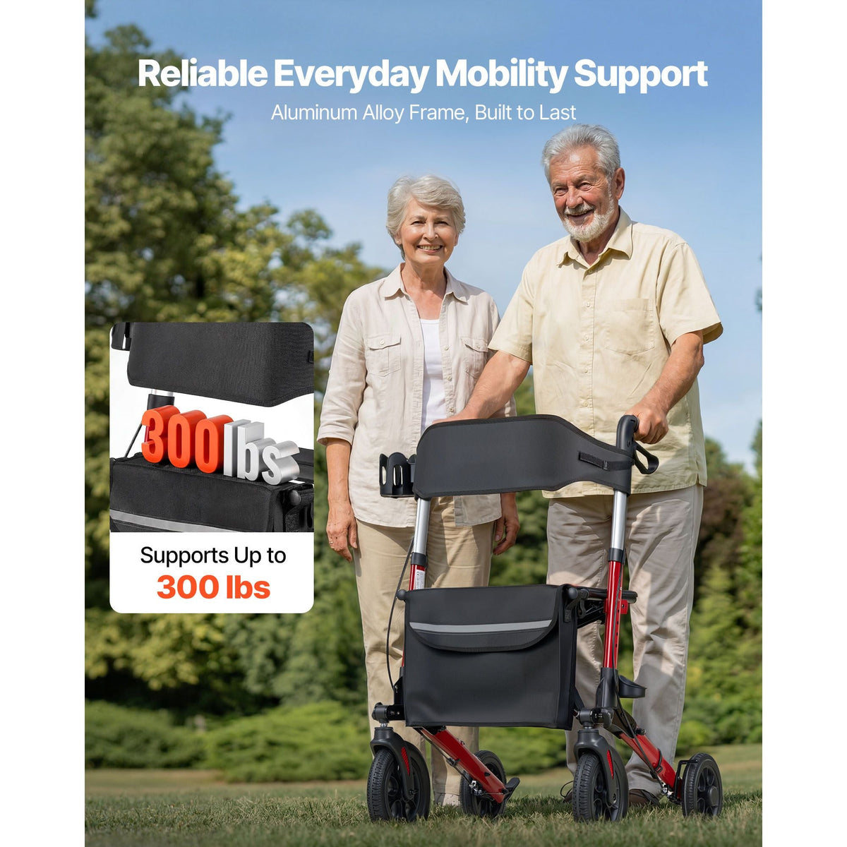 Rollator Walker with Seat for Seniors, Ultra Compact 3-Fold Rolling Walker, Lightweight Aluminum Mobility Walking Aid with PU Solid Wheels, Adjustable Handle, Cup & Cane Holder - Supports 300LBS