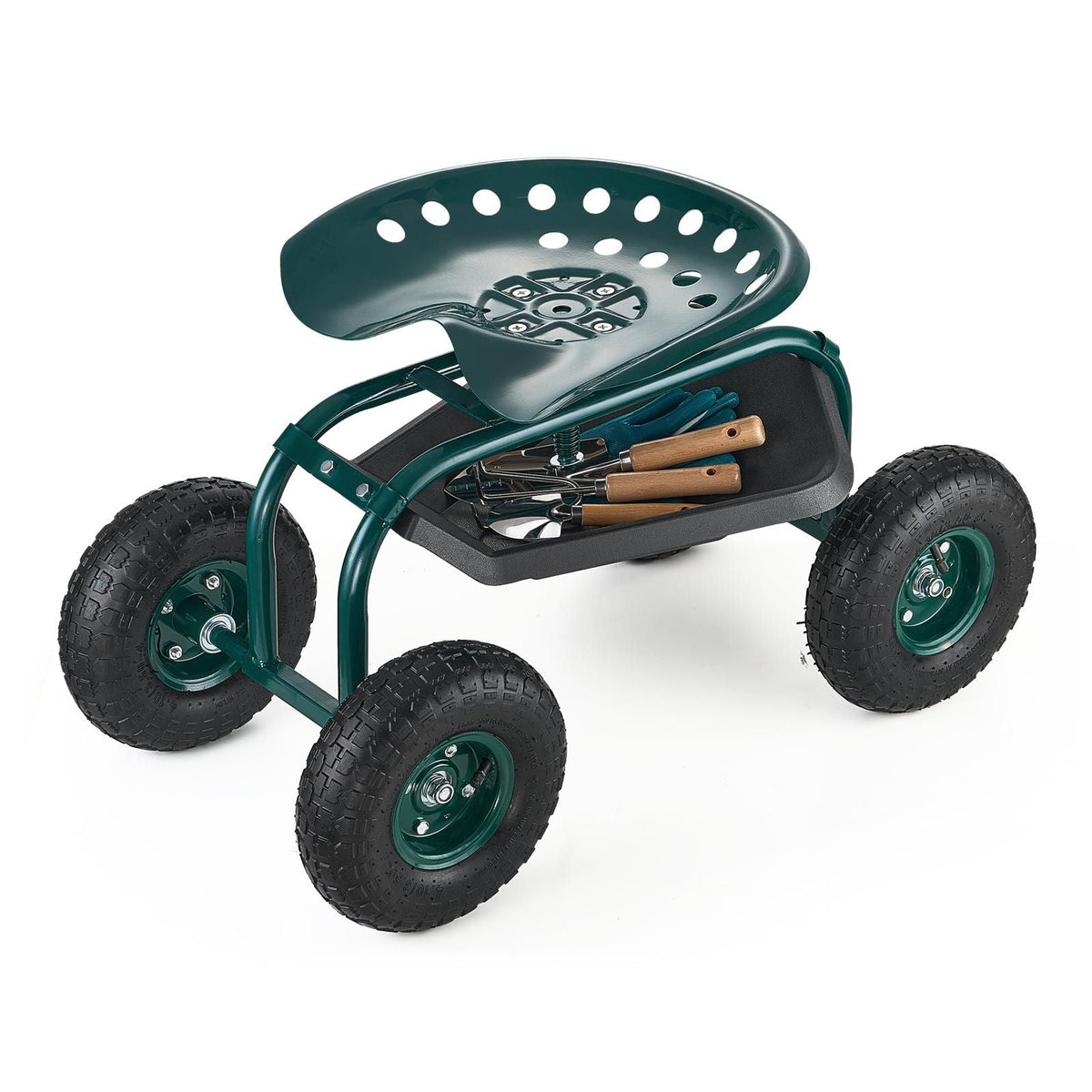 Rolling Garden Cart with Swivel Seat, Heavy Duty Garden Seat with Storage Basket & Tool Tray, 300 lbs Weight Capacity, Outdoor Utility Gardening Stool Scooter for Lawn Yard Planting Weeding