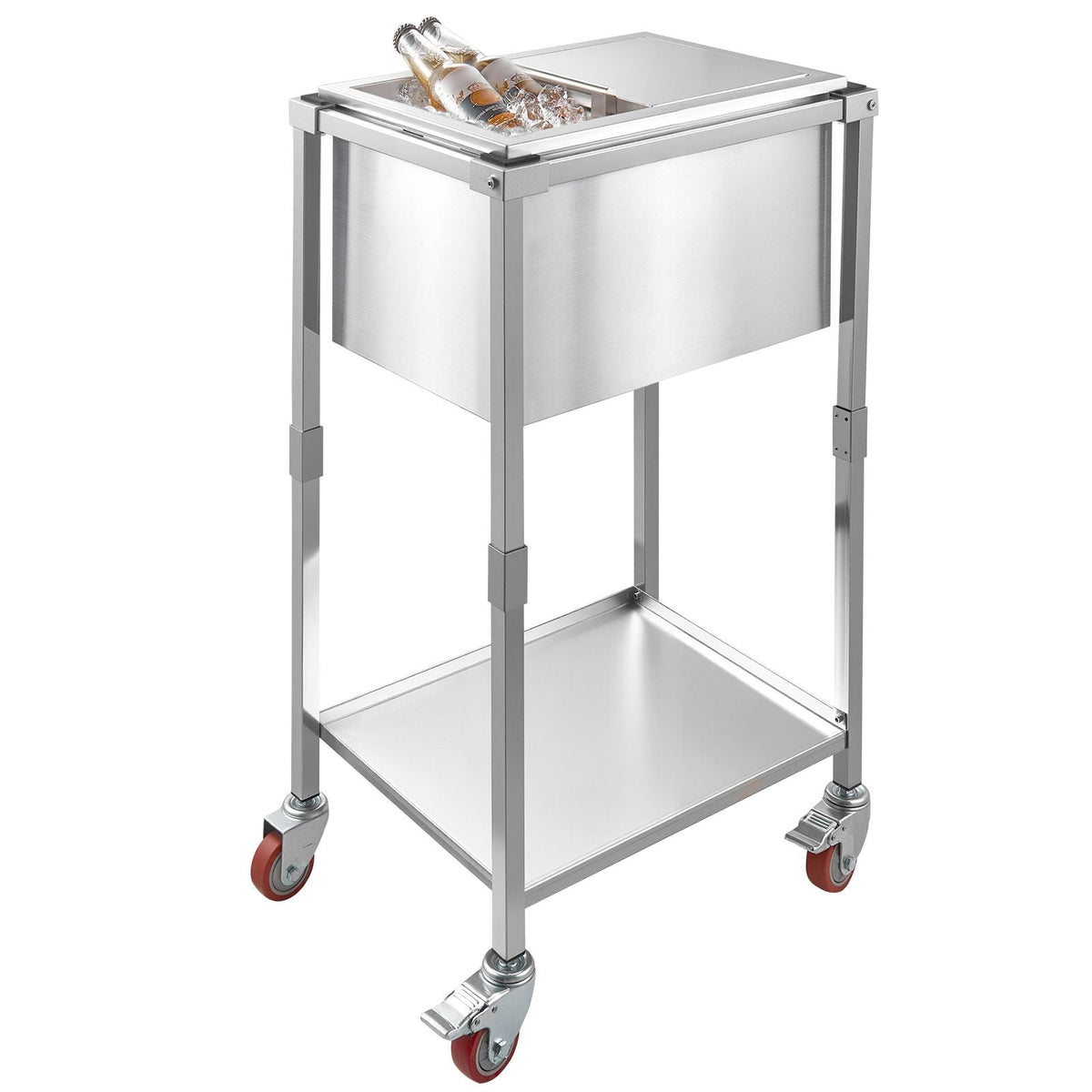 Rolling Ice Chest Cooler Cart, 20"L x 14"W x 38"H Stainless Steel Cooling Bin on Wheels, 29.6 Quart Outdoor Stand Up Cooler Trolley with Shelf, for Patio Backyard Party Bar Cold Drinks