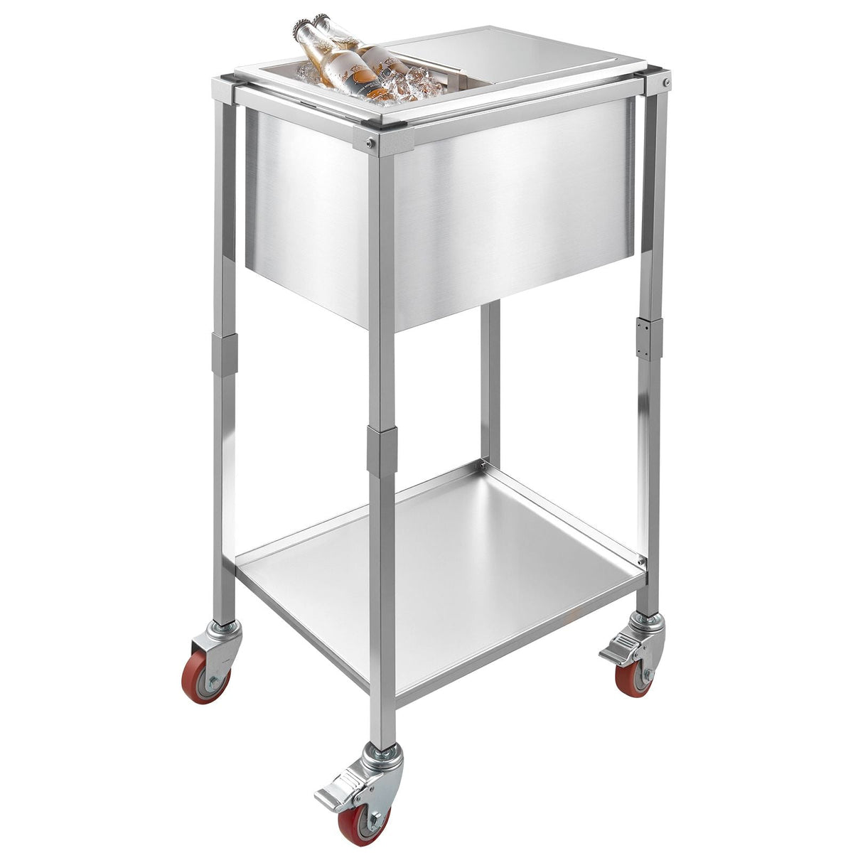 Rolling Ice Chest Cooler Cart, 20"L x 14"W x 38"H Stainless Steel Cooling Bin on Wheels, 29.6 Quart Outdoor Stand Up Cooler Trolley with Shelf, for Patio Backyard Party Bar Cold Drinks