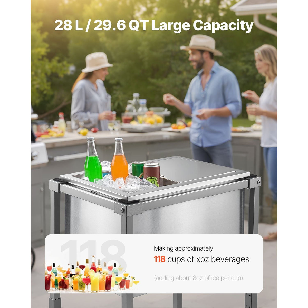 Rolling Ice Chest Cooler Cart, 20"L x 14"W x 38"H Stainless Steel Cooling Bin on Wheels, 29.6 Quart Outdoor Stand Up Cooler Trolley with Shelf, for Patio Backyard Party Bar Cold Drinks