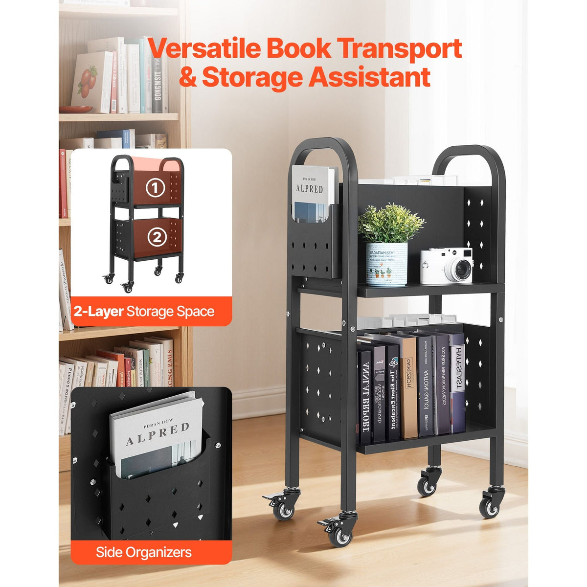 Rolling Library Book Cart, 150 lbs Capacity, 17.7 x 13.0 x 34.6-Inch Library Cart, Double Sided L-Shaped Shelves with 2-Inch Lockable Wheels, Book Truck for Home Shelves Office and School, Black