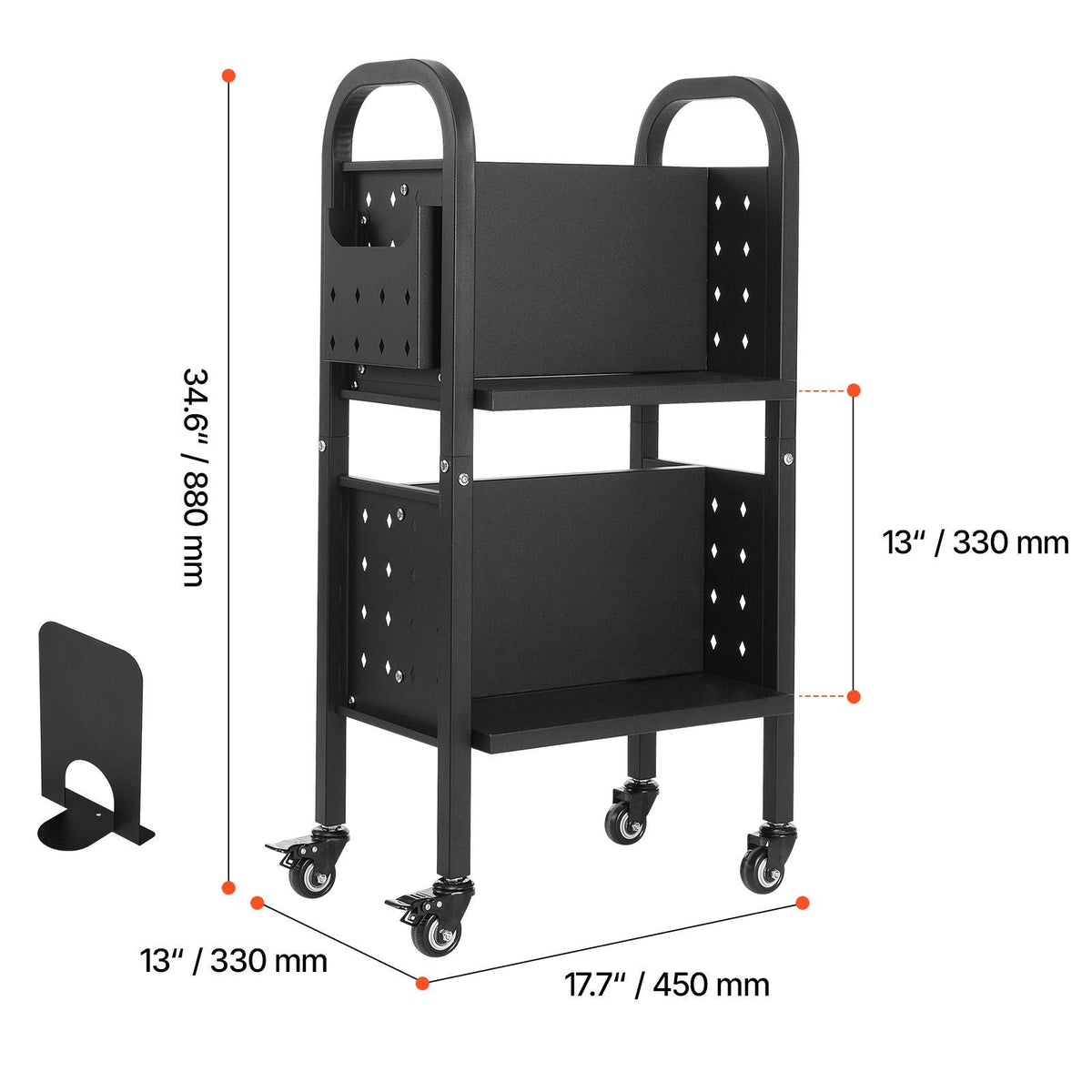 Rolling Library Book Cart, 150 lbs Capacity, 17.7 x 13.0 x 34.6-Inch Library Cart, Double Sided L-Shaped Shelves with 2-Inch Lockable Wheels, Book Truck for Home Shelves Office and School, Black