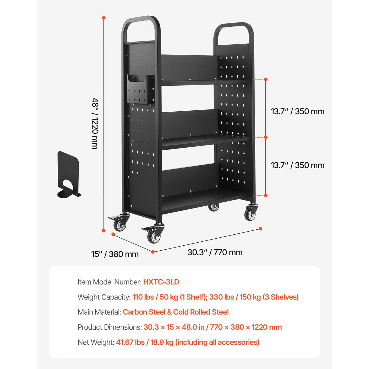 Rolling Library Book Cart, 330 lbs Capacity, 30.3 x 15 x 48.0-Inch Library Cart, Single Sided L-Shaped Shelves with 3-Inch Lockable Wheels, Book Truck for Home Shelves Office and School, Black