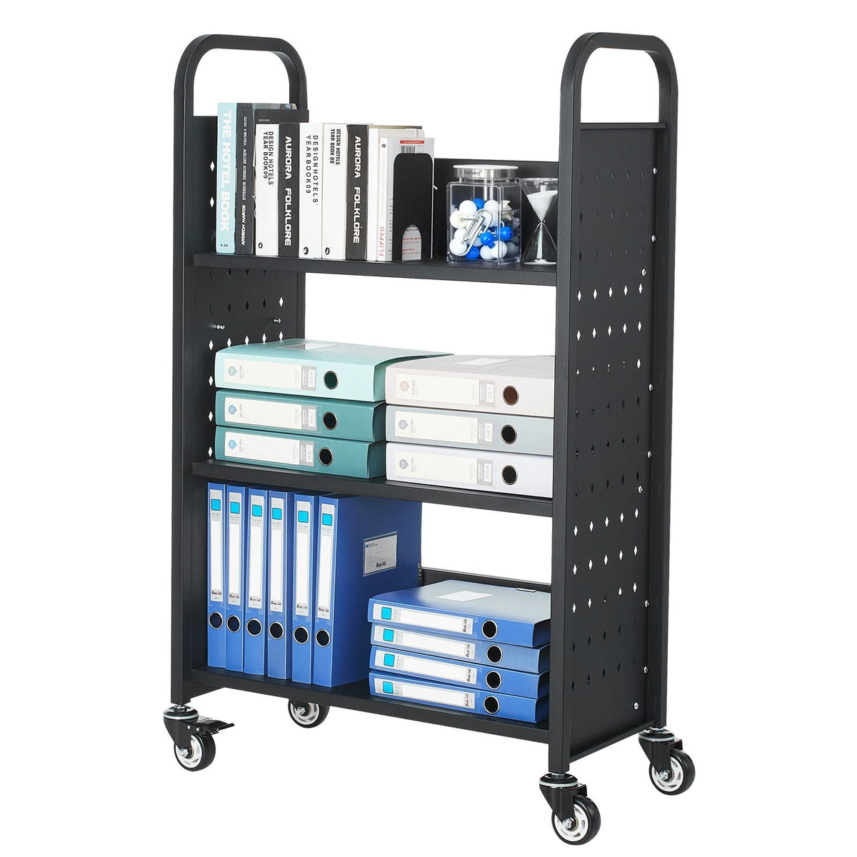 Rolling Library Book Cart, 330 lbs Capacity, 30.3 x 15 x 48.0-Inch Library Cart, Single Sided L-Shaped Shelves with 3-Inch Lockable Wheels, Book Truck for Home Shelves Office and School, Black