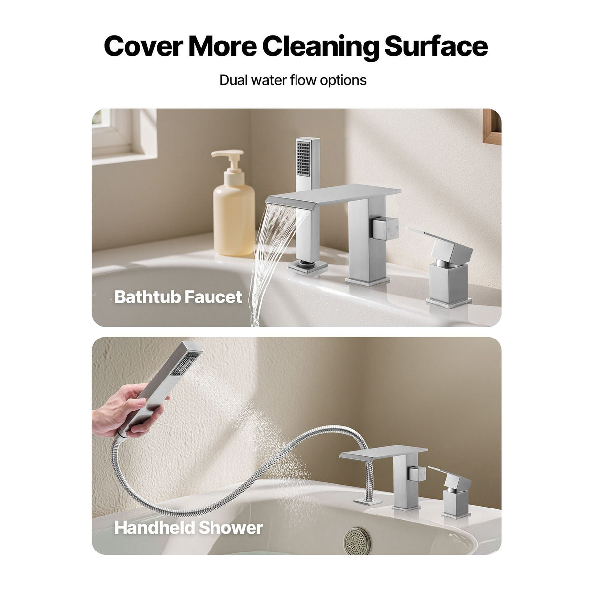 Roman Tub Faucet, 3 Hole Waterfall Bathtub Faucet, Roman Bathtub Faucets Set with Shower Head & 1 Handle, Deck Mount Bath Tub Faucets Set for Adult Bathing, Brushed Stainless Steel, Drip-Free