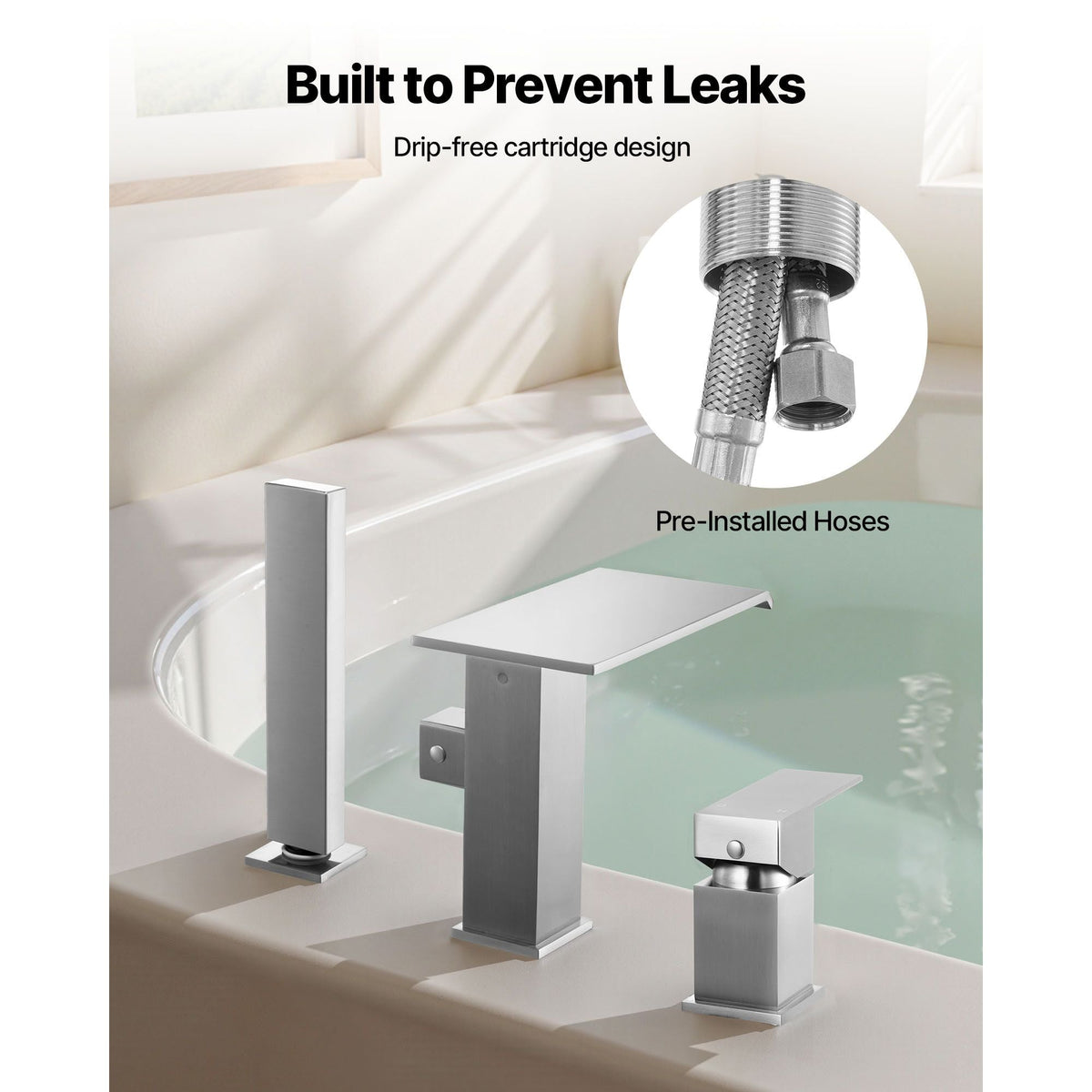 Roman Tub Faucet, 3 Hole Waterfall Bathtub Faucet, Roman Bathtub Faucets Set with Shower Head & 1 Handle, Deck Mount Bath Tub Faucets Set for Adult Bathing, Brushed Stainless Steel, Drip-Free