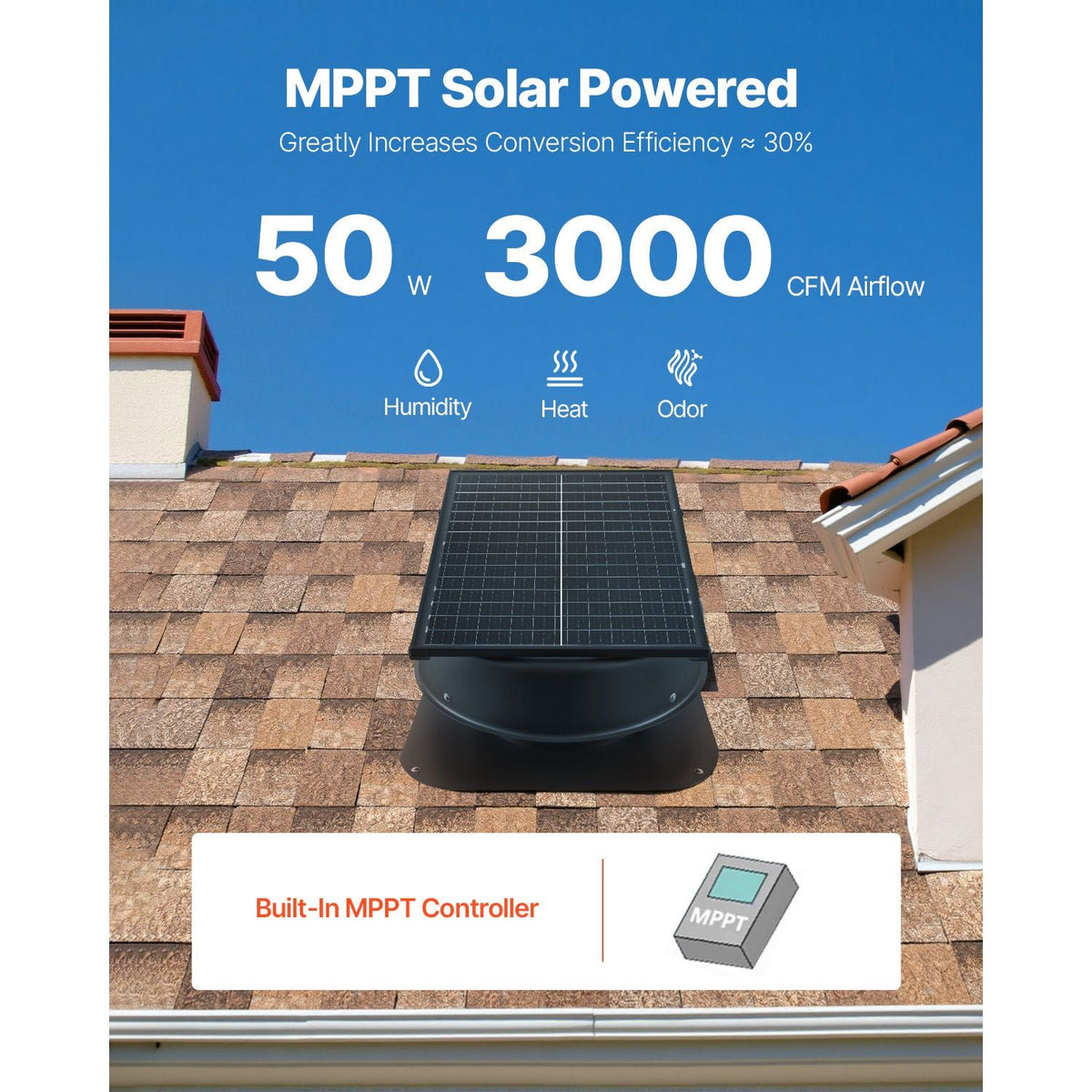 Roof Attic Exhaust Fan, 50W Smart Solar Roof Ventilation Fan with Thermostat, Remote Control, 3000 CFM Airflow Built-in Smoke Sensor with Auto Stop for Cooling and Dehumidification