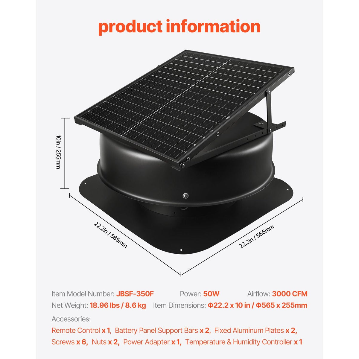 Roof Attic Exhaust Fan, 50W Smart Solar Roof Ventilation Fan with Thermostat, Remote Control, 3000 CFM Airflow Built-in Smoke Sensor with Auto Stop for Cooling and Dehumidification