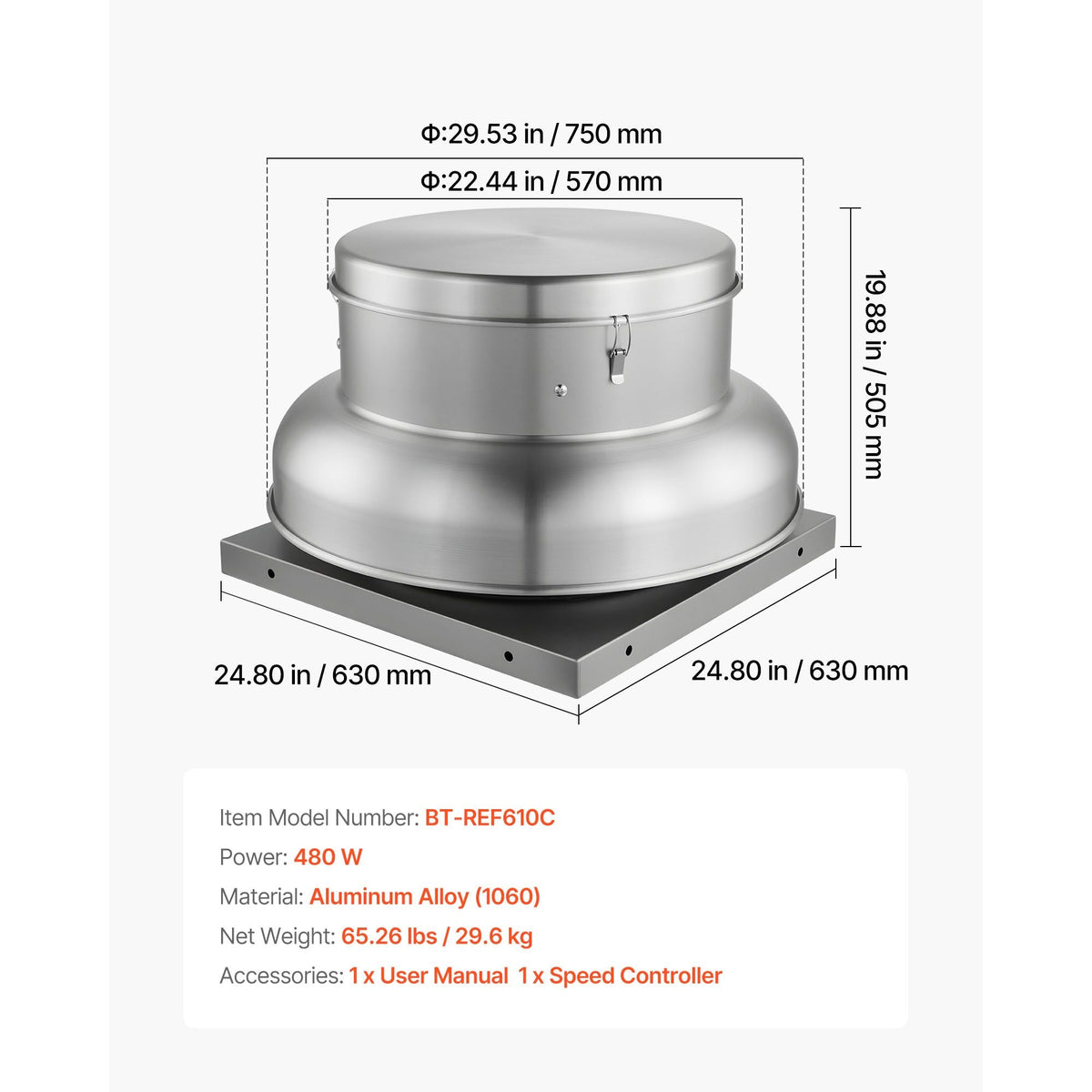 Roof Exhaust Fan, Attic Vent Fan with High-Power Motor, 24.8inch Fan Base Heavy-Duty Aluminum Alloy, Speed Control Adjustable Airflow 4000/5000CFM, Compact for Garage,Kitchen,Bathroom,Silver