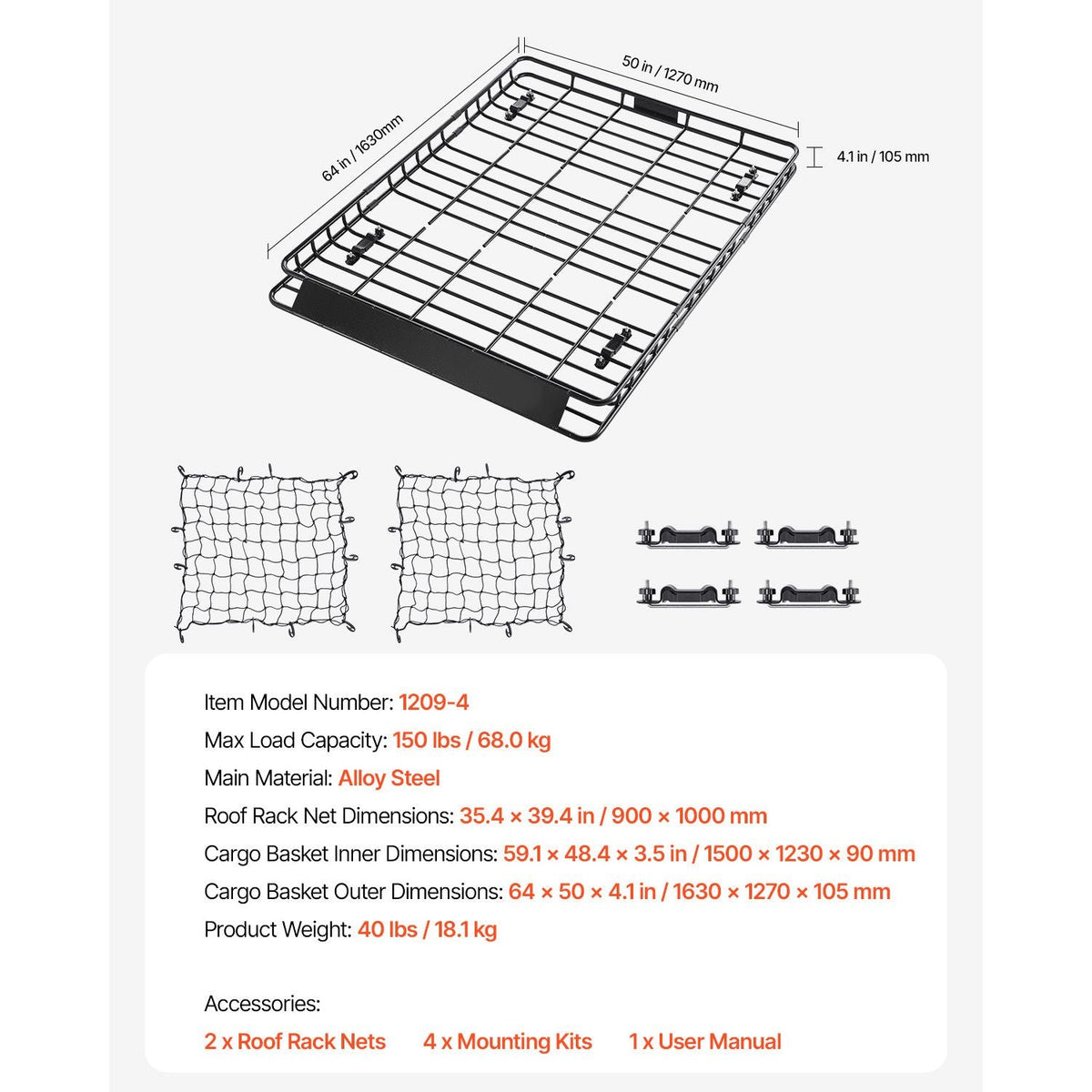 Roof Rack Basket, 64 x 50 x 4.1 in, Universal Rooftop Cargo Carrier with Two 35.4 x 39.4 in Cargo Net,150 lbs Max Car Top Luggage Holder, 4.1 in Fence, Anti-Rust Alloy Steel, for SUV Truck Car