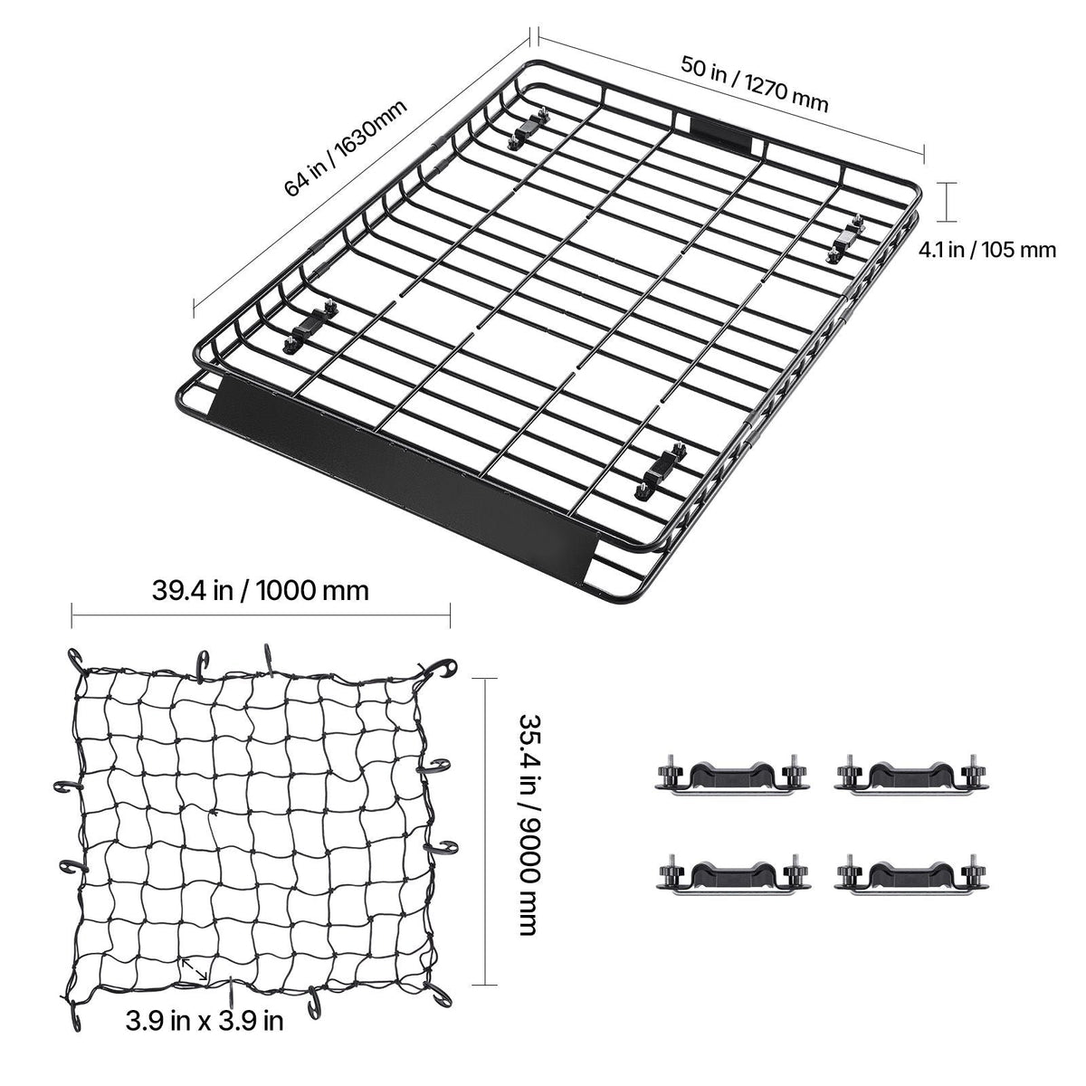 Roof Rack Basket, 64 x 50 x 4.1 in, Universal Rooftop Cargo Carrier with Two 35.4 x 39.4 in Cargo Net,150 lbs Max Car Top Luggage Holder, 4.1 in Fence, Anti-Rust Alloy Steel, for SUV Truck Car