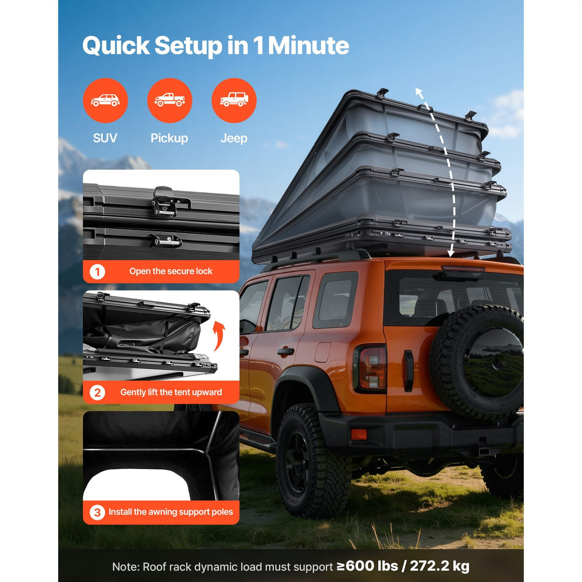 Rooftop Tent Hard Shell, 2-3 Person Aluminum Roof Top Tent Hardshell with Tri-Color LED Light, Thick Mattress & 1 Window, Waterproof Windproof Overland Camping Car Roof Rack for Jeep SUV Pickup