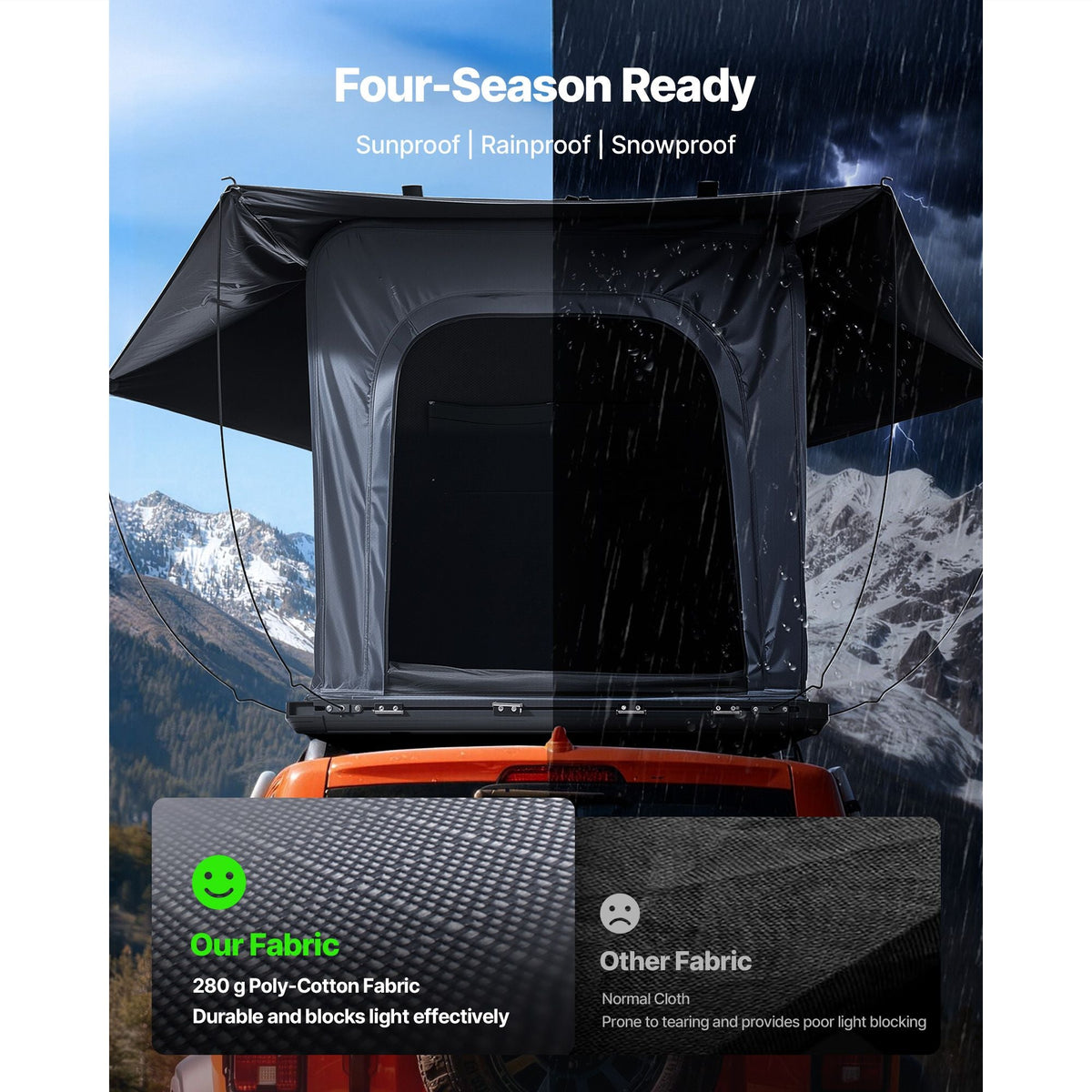 Rooftop Tent Hard Shell, 2-3 Person Aluminum Roof Top Tent Hardshell with Tri-Color LED Light, Thick Mattress & 1 Window, Waterproof Windproof Overland Camping Car Roof Rack for Jeep SUV Pickup