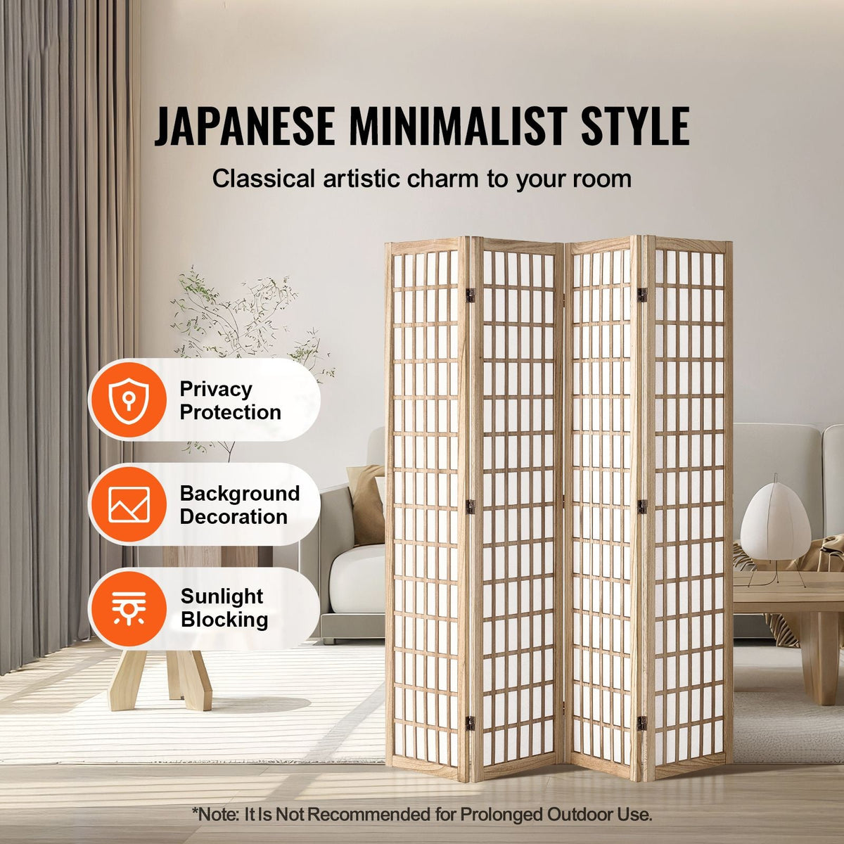 Room Divider, 4 Panel Japanese Room Divider, Folding Privacy Screen Indoor, Portable Partition Dividers and Decoration Screens, for Room Separation, Home, Office, Restaurant & Bedroom (Natural)