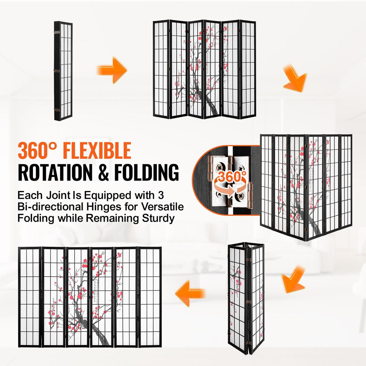 Room Divider, 6 Panel Japanese Room Divider Screen, Wood Folding Privacy Screen Indoor, Japanese Partition Portable Decoration Dividers, for Room Separation Home Office Restaurant & Bedroom