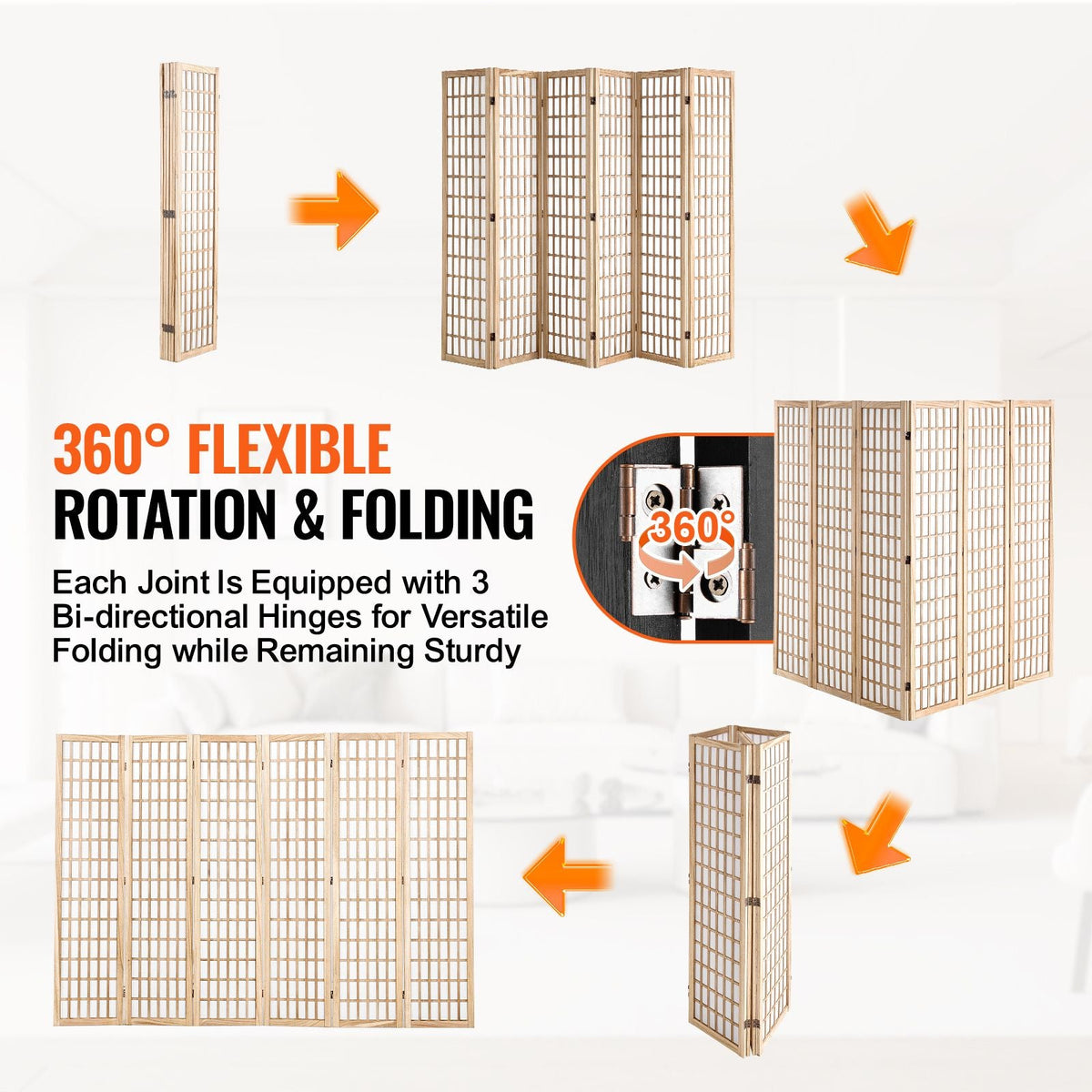 Room Divider, 6 Panel Japanese Room Divider, Wood Folding Privacy Screen Indoor, Japanese Partition Dividers Portable Decoration Screens, for Room Separation Home Office Restaurant & Bedroom