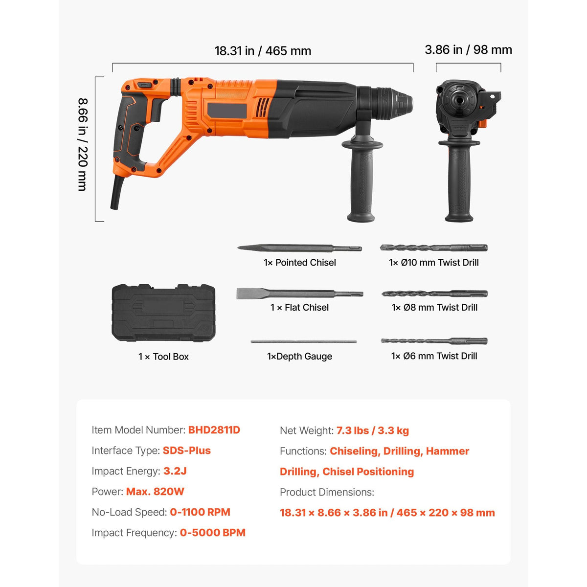 Rotary Hammer Drill, 1-1/8 in SDS-Plus Electric Corded Heavy Duty Rotary Hammer, 4 Functions, Including 3 Drill Bits, Flat Chisel, Pointed Chisel, and Carrying Case, for Concrete and Masonry