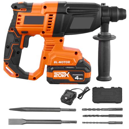 Rotary Hammer Drill, 7/8 in SDS-Plus Cordless, 20V Battery Powered Rotary Hammer, Brushless, Including Battery, Charger, 3 Drill Bits, Flat Chisel, Pointed Chisel, Carrying Case, for Concrete