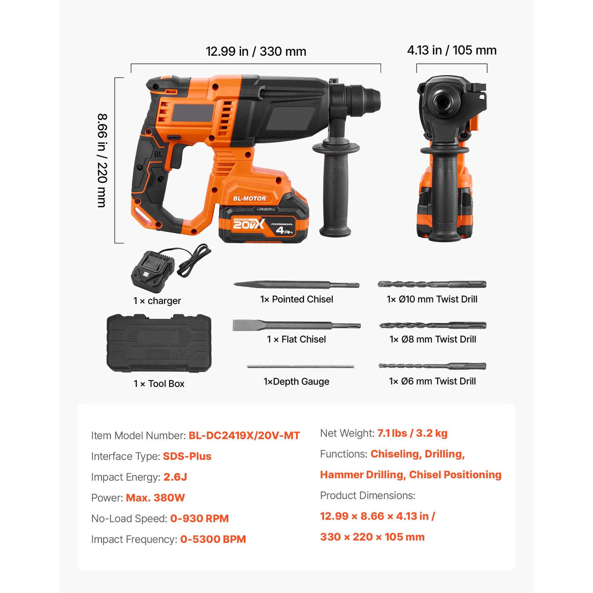 Rotary Hammer Drill, 7/8 in SDS-Plus Cordless, 20V Battery Powered Rotary Hammer, Brushless, Including Battery, Charger, 3 Drill Bits, Flat Chisel, Pointed Chisel, Carrying Case, for Concrete