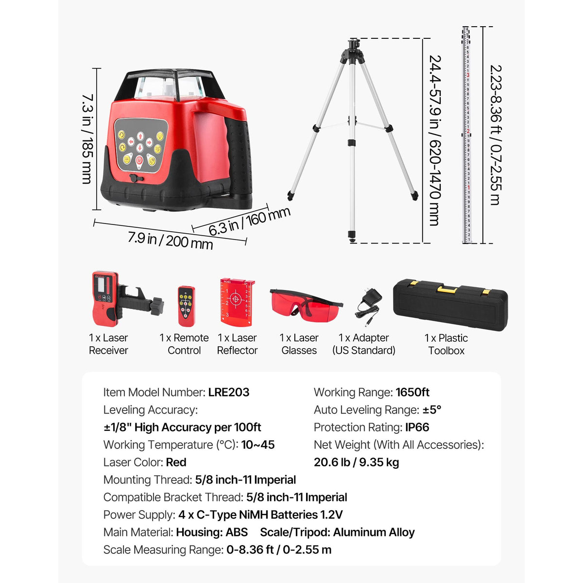 Rotary Laser Level Kit, 1650ft 360-Degree Self Leveling Red Horizontal Laser Transit,with Tripod,Receiver,Remote Control, Scale,Toolcase, IP66 Waterproof, 0.80in/100ft Precision for Construction