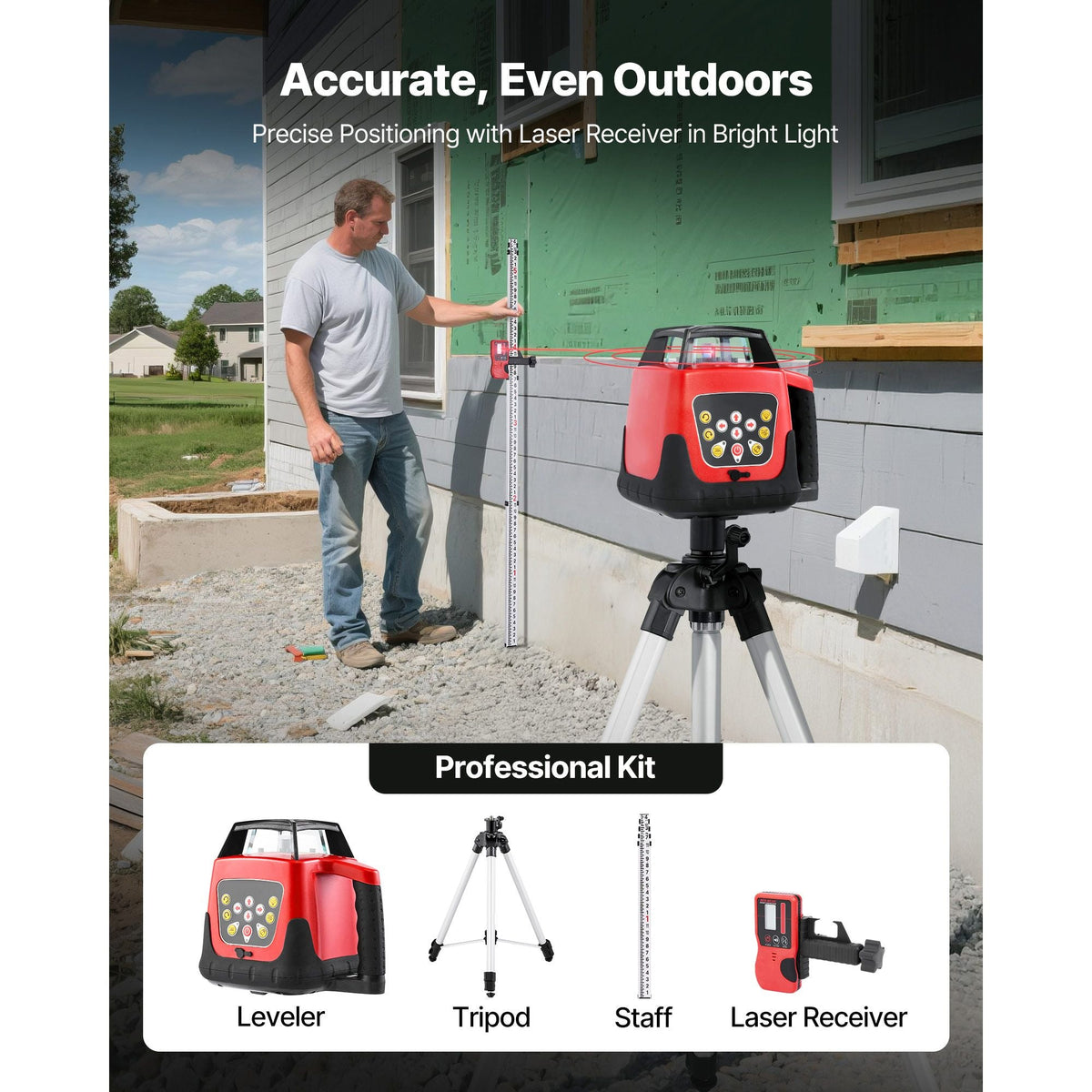 Rotary Laser Level Kit, 1650ft 360-Degree Self Leveling Red Horizontal Laser Transit,with Tripod,Receiver,Remote Control, Scale,Toolcase, IP66 Waterproof, 0.80in/100ft Precision for Construction