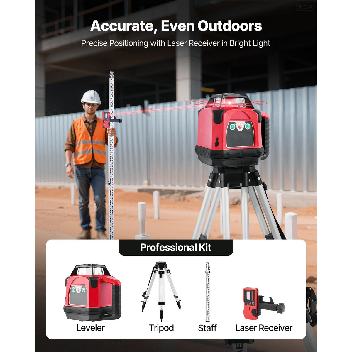 Rotary Laser Level Kit, 2650ft 360-Degree Self Leveling Red Horizontal Laser Transit,with Heavy-duty Tripod, Receiver, Remote Control, Toolcase, IP66 Waterproof, 0.06in/100ft for Construction