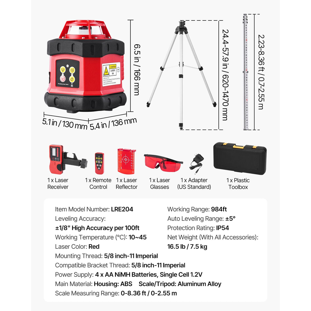 Rotary Laser Level Kit, 984ft 360-Degree Self Leveling Red Horizontal Laser Transit,with Tripod,Receiver,Remote Control, Scale, Toolcase, IP54 Waterproof, 0.12in/100ft Precision for Construction