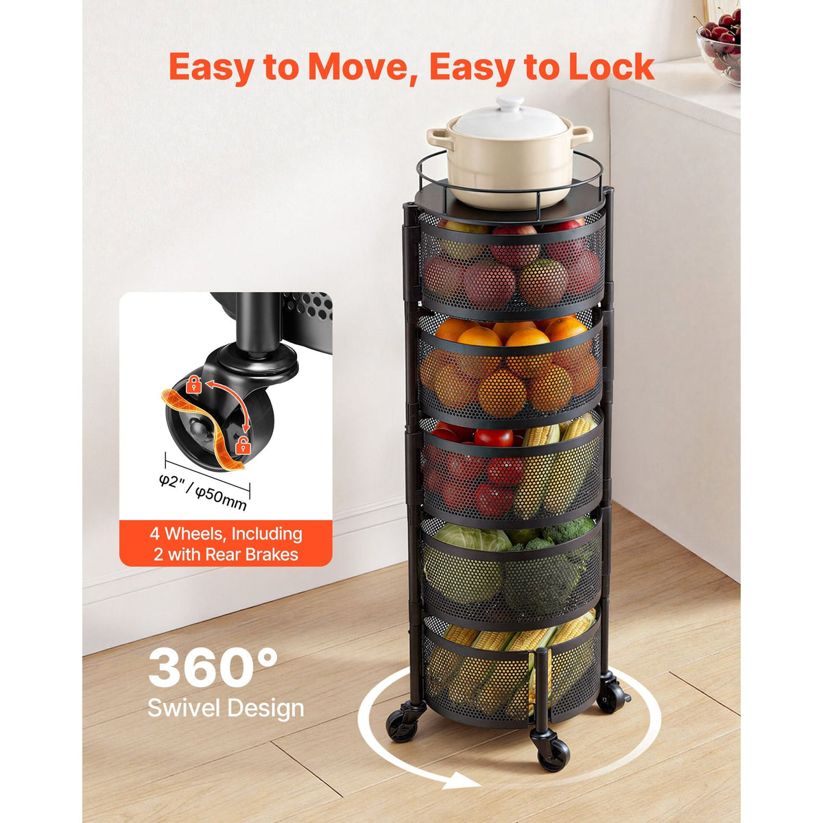 Rotating Storage Rack Cart, 5 Tier Fruit and Vegetable Basket Bowls, Heavy Duty Wire Basket Organizer on Wheels, Large Capacity Stand with Metal Top Lid, for Kitchen Bathroom Nursery, Black