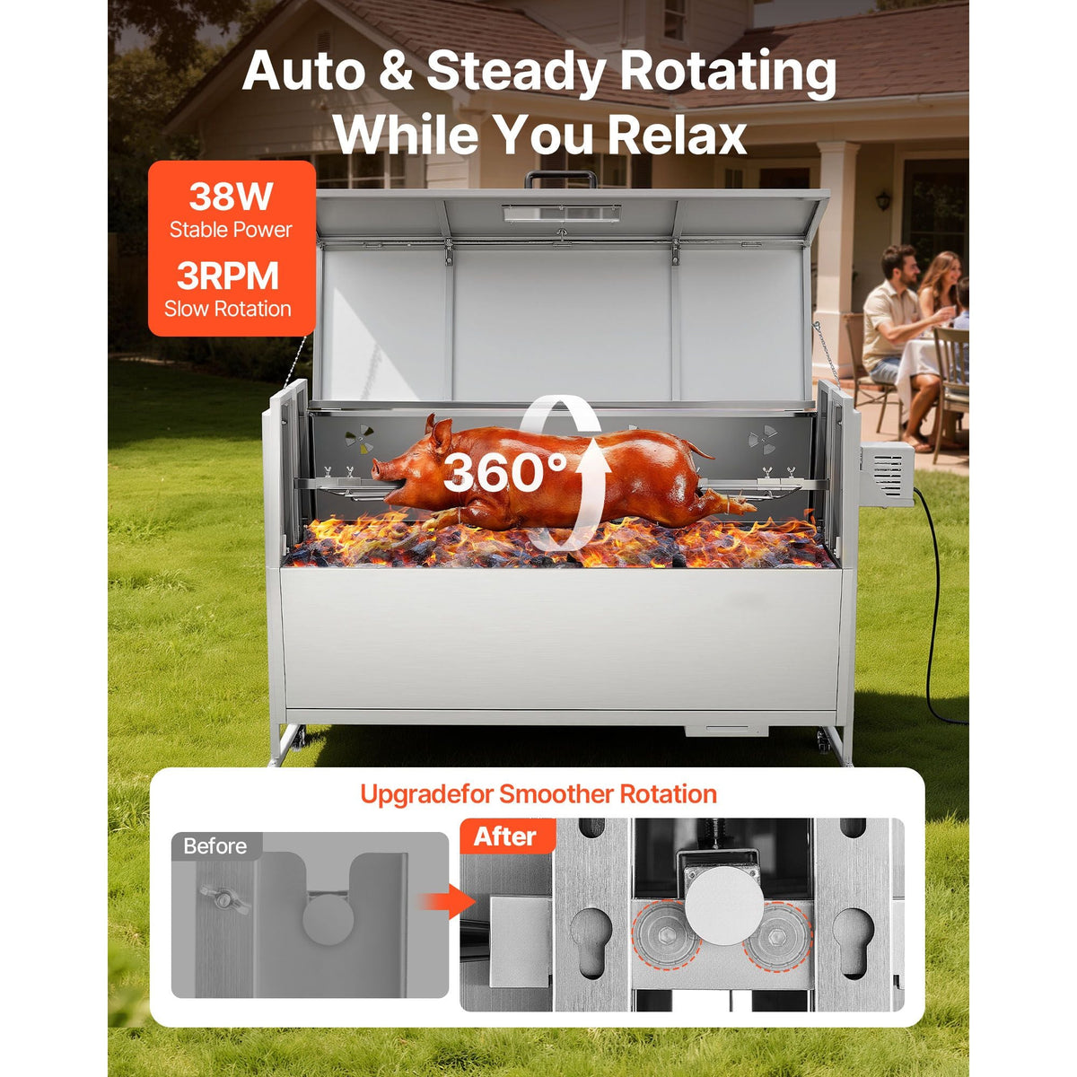 Rotisserie Grill, 38W BBQ Outdoor Pig & Lamb Spit Roaster, Charcoal Spit Roaster with 132 LBS Capacity, Wheels & 4-Level Height, Stainless Steel Electric Rotisserie Grill Kit for Camping Outdoor