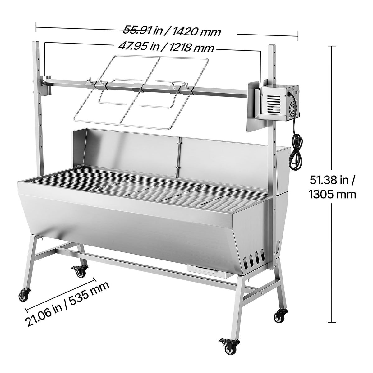 Rotisserie Grill, 38W BBQ Outdoor Pig & Lamb Spit Roaster, Charcoal Spit Roaster with 132 LBS Capacity, Wheels & 4-Level Height, Stainless Steel Electric Rotisserie Grill Kit for Camping Outdoor