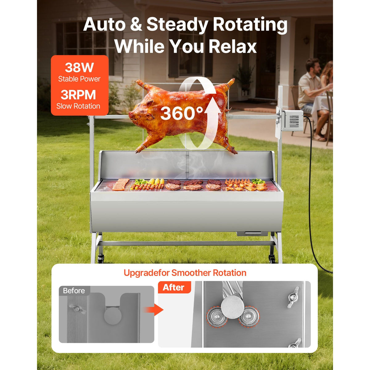 Rotisserie Grill, 38W BBQ Outdoor Pig & Lamb Spit Roaster, Charcoal Spit Roaster with 132 LBS Capacity, Wheels & 4-Level Height, Stainless Steel Electric Rotisserie Grill Kit for Camping Outdoor