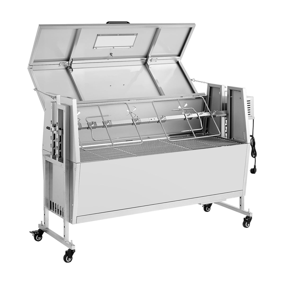 Rotisserie Grill, 38W BBQ Outdoor Pig & Lamb Spit Roaster, Charcoal Spit Roaster with 132 LBS Capacity, Wheels & 4-Level Height, Stainless Steel Rotisserie Grill Kit for Camping Outdoor Parties