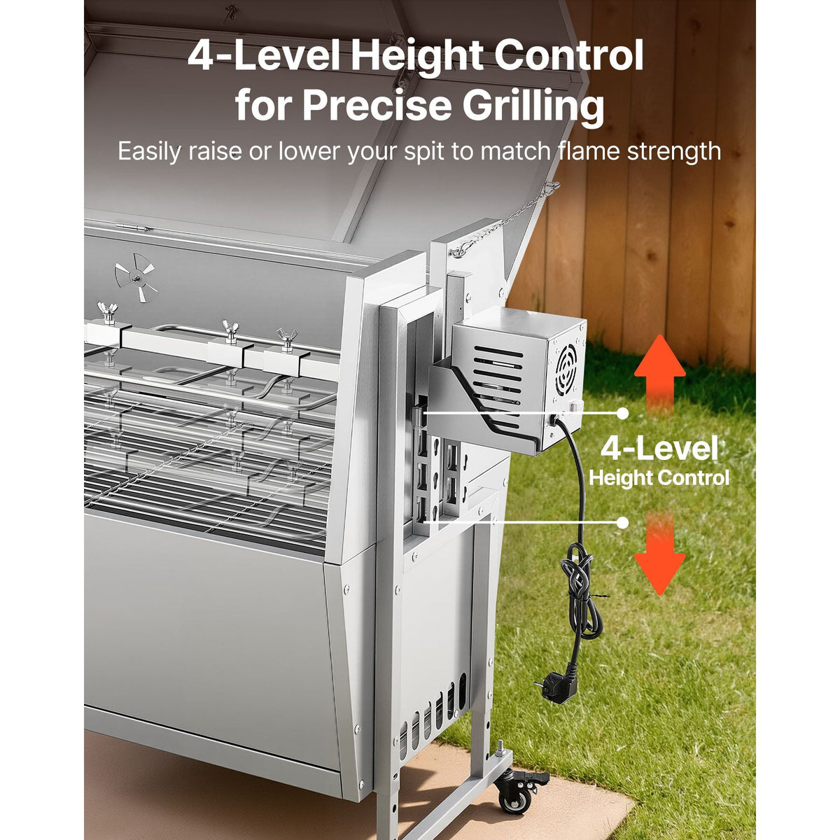 Rotisserie Grill, 38W BBQ Outdoor Pig & Lamb Spit Roaster, Charcoal Spit Roaster with 132 LBS Capacity, Wheels & 4-Level Height, Stainless Steel Rotisserie Grill Kit for Camping Outdoor Parties
