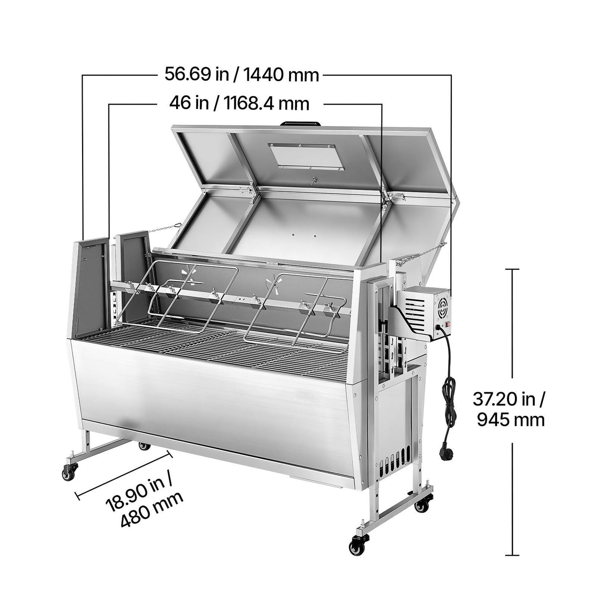 Rotisserie Grill, 38W BBQ Outdoor Pig & Lamb Spit Roaster, Charcoal Spit Roaster with 132 LBS Capacity, Wheels & 4-Level Height, Stainless Steel Rotisserie Grill Kit for Camping Outdoor Parties