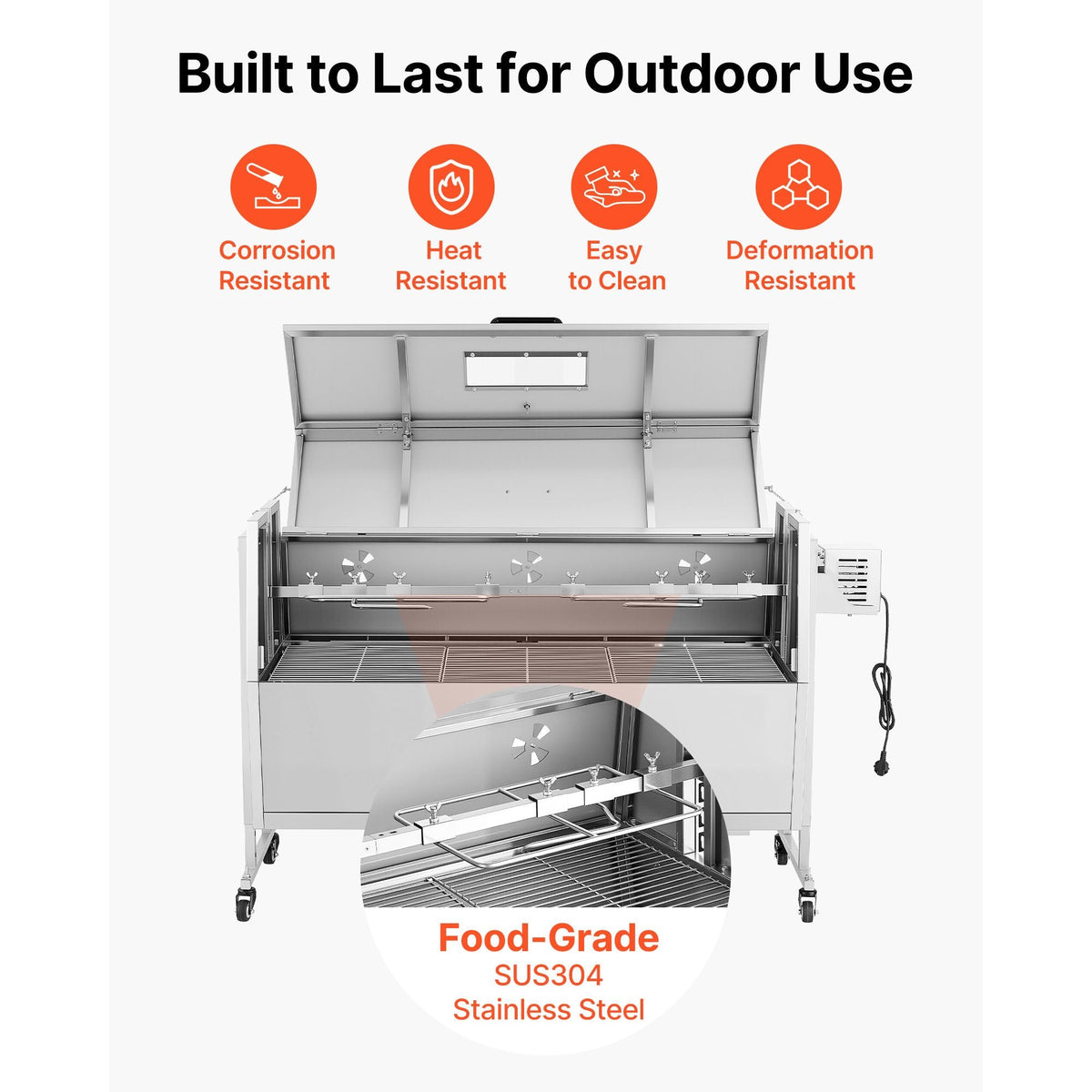 Rotisserie Grill, 38W BBQ Outdoor Pig & Lamb Spit Roaster, Charcoal Spit Roaster with 132 LBS Capacity, Wheels & 4-Level Height, Stainless Steel Rotisserie Grill Kit for Camping Outdoor Parties