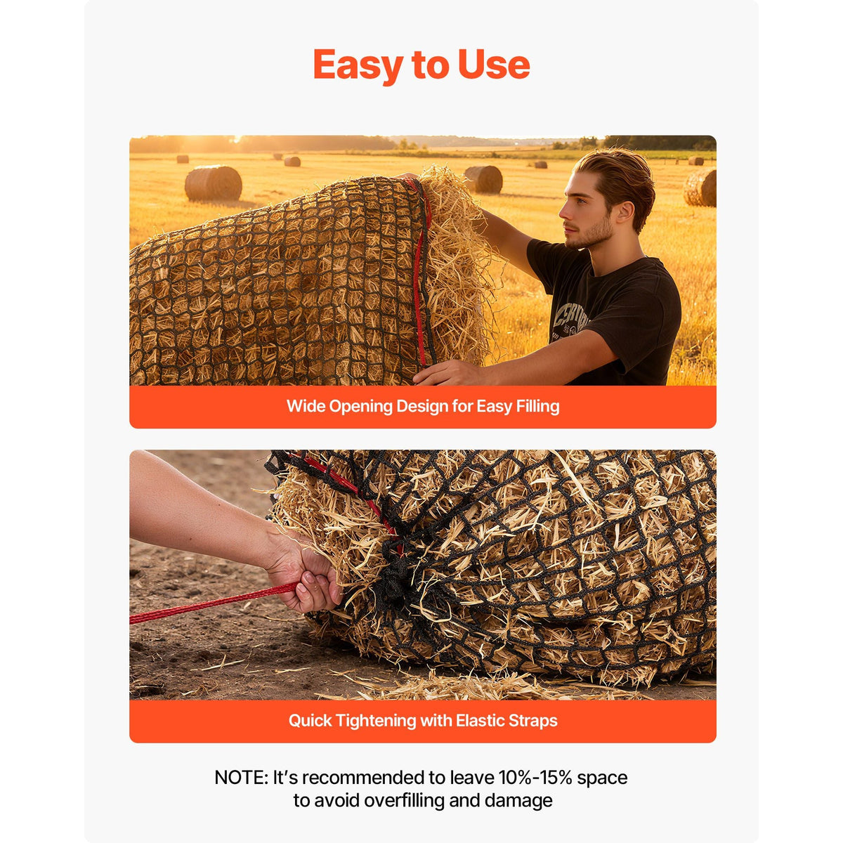 Round Bale Hay Net, 4.92 x 4.92 x 4.92 ft, 1.65 inch Holes, PE Material, Knotless Design, with Self-Locking Zip Ties, Needle Shuttle, and Repair Twine, Slow Feeder Round Bale Net for Horses