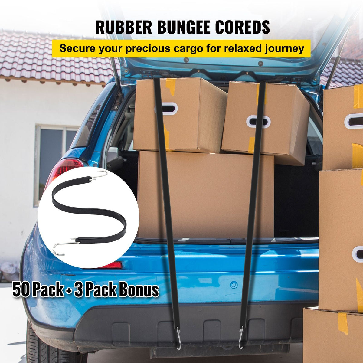 Rubber Bungee Cords, 53 Pack 21\" Long, Weatherproof Natural Rubber Tie Down Straps with Crimped S Hooks, Heavy Duty Outdoor Tarp Straps for Securing Flatbed Trailers, Canvases, Cargo, and More