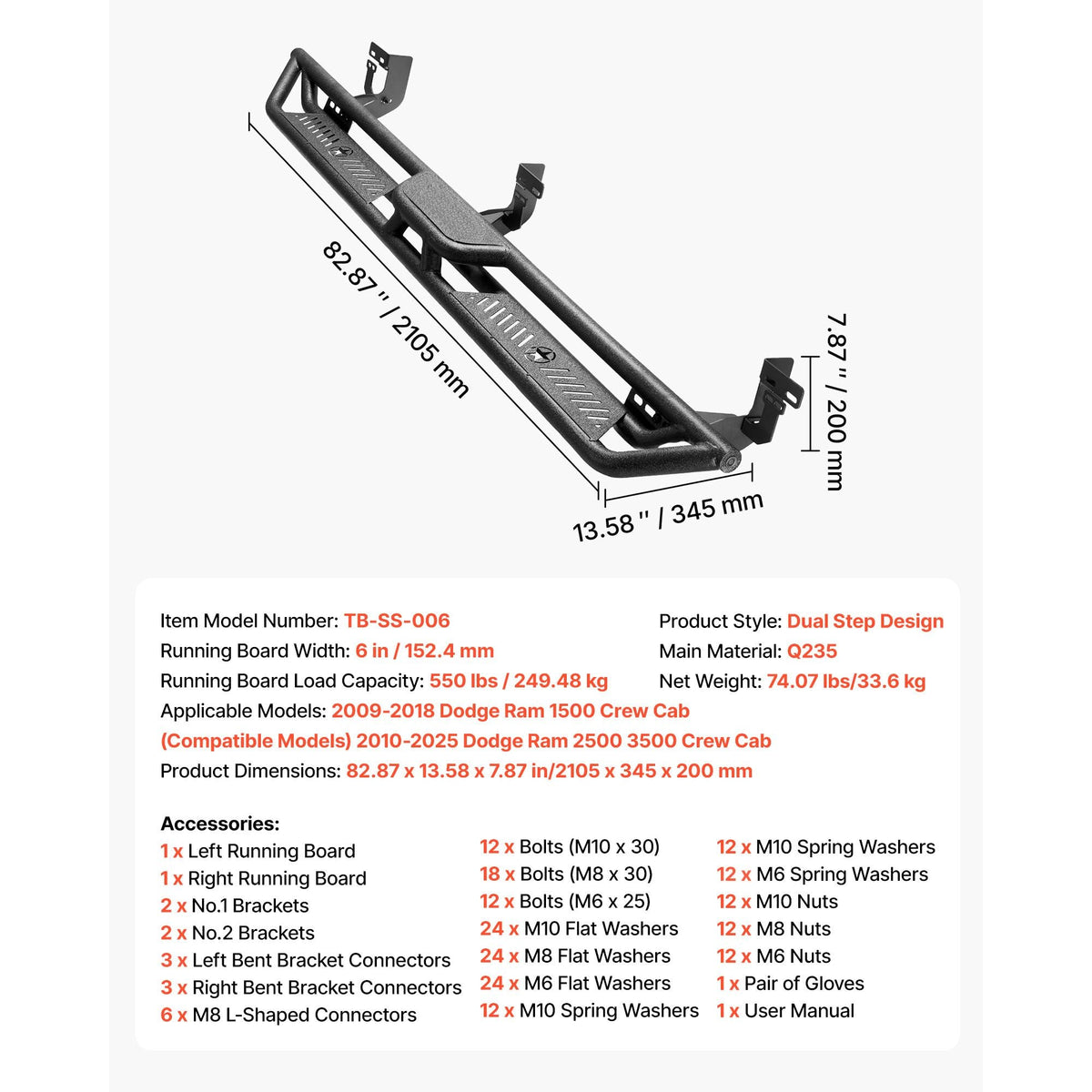 Running Boards, 6 Inches Side Steps Compatible with 2009-2018 Dodge Ram 1500 Crew Cab, 2010-2025 Dodge Ram 2500 3500 Crew Cab(Not Fit 2019-2025 Ram 1500 New Body), 550 lbs Load Capacity