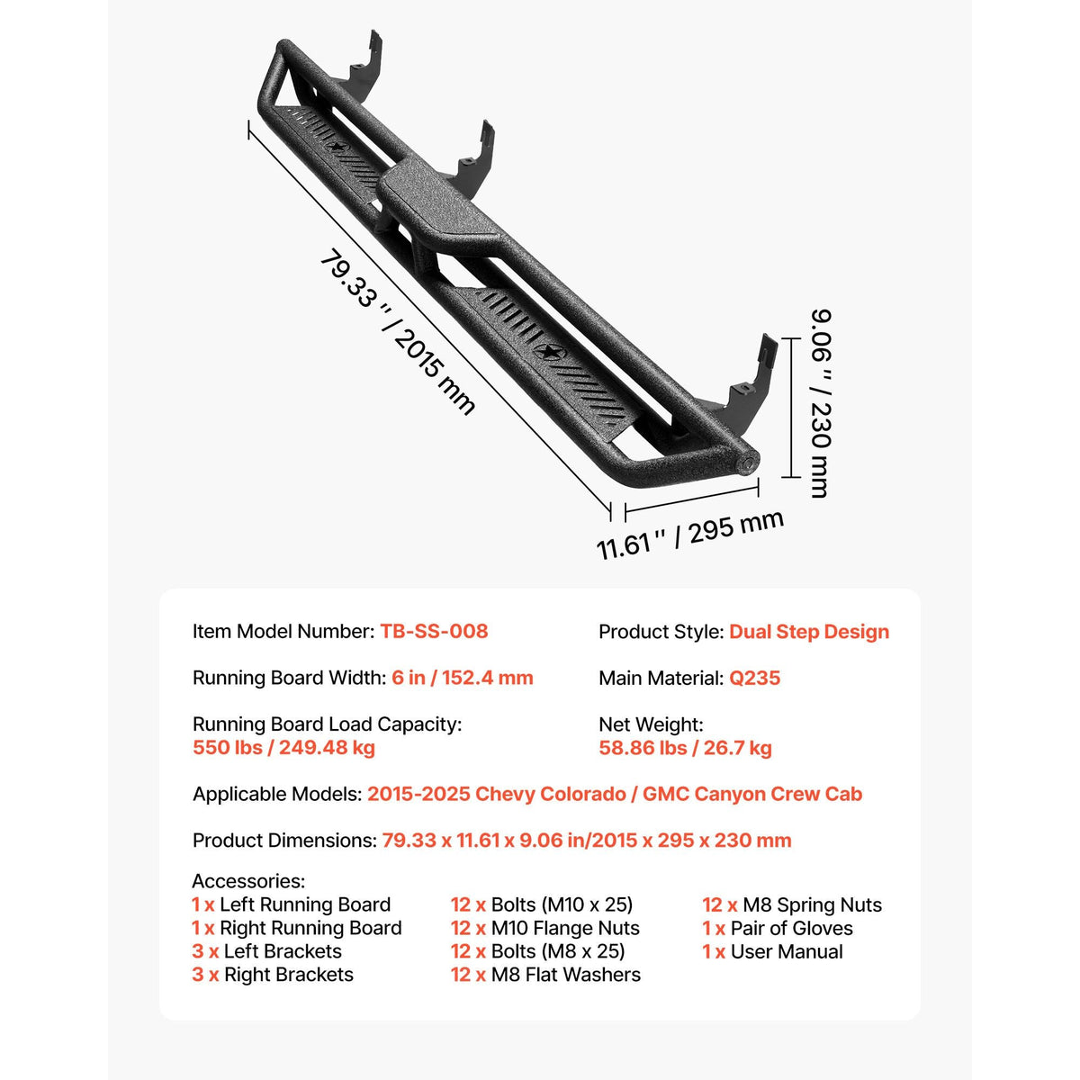 Running Boards, 6 Inches Side Steps Compatible with 2015-2025 Chevy Colorado/GMC Canyon Crew Cab, Black Carbon Steel Nerf Bars, 550 lbs Load Capacity, Non-Slip Hollow Surface Rustproof Coating