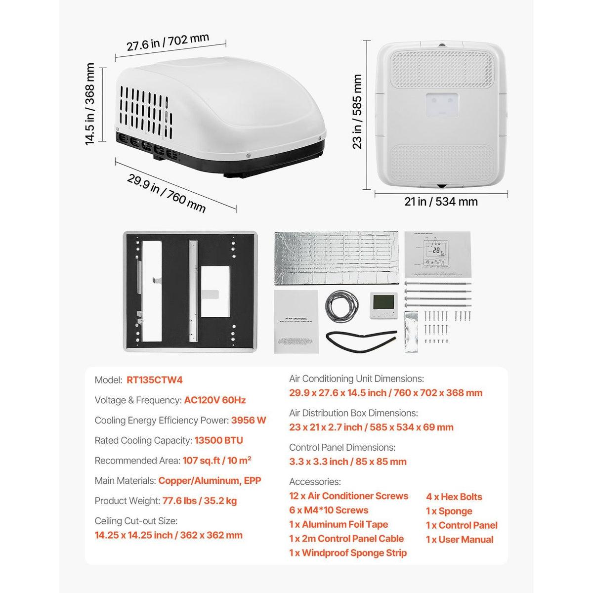 RV Air Conditioner, 13500 BTU Non-Ducted Rooftop RV AC Unit, 65 dB Quiet Design, Including Air Distribution Box, Operation Panel and Installation Hardware, for Campers, Vans, Trailers, White