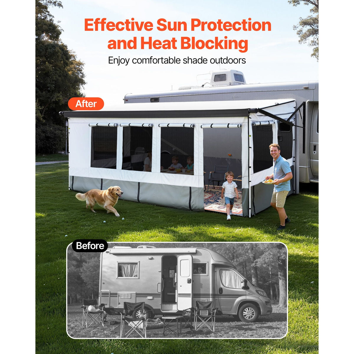 RV Awning Sun Shade Room - Compatible with 18 -19 ft Awnings, RV Awning Sun Shading Room with Door & Ventilated Mesh Windows, Sunproof & Windproof Three-Sided Enclosure Tent for RV Camping