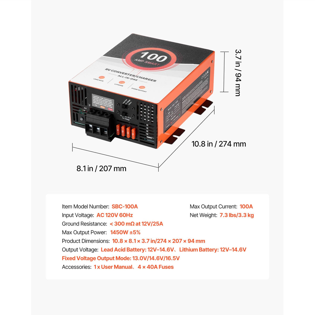 RV Power Converter, 100 Amp, 110V AC to 12V DC RV Converter Battery Charger, Multi Stage Smart Charging, 13V to 16.5V Operating Range, Compatible with Lithium & Lead Acid Battery, for Camper