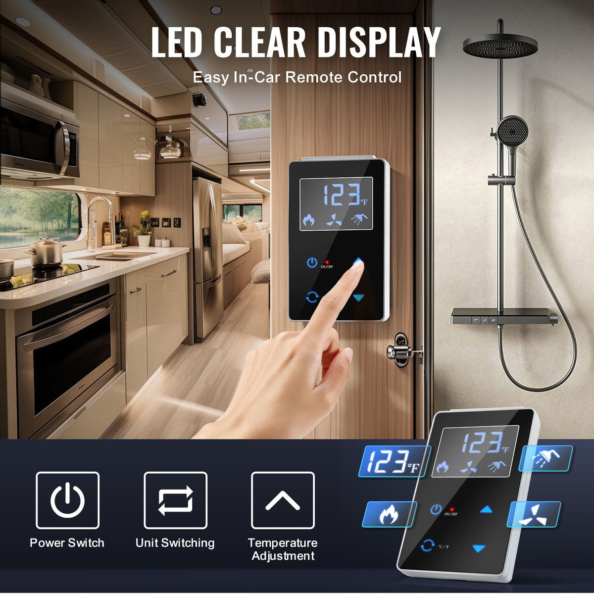 RV Tankless Water Heater, Instant Shower with 15 x 15 inches Black Door and Remote Controller, 55000BTU Optimized Comfort Performance Hot Water, Ideal for RVers' Family Everyday Use