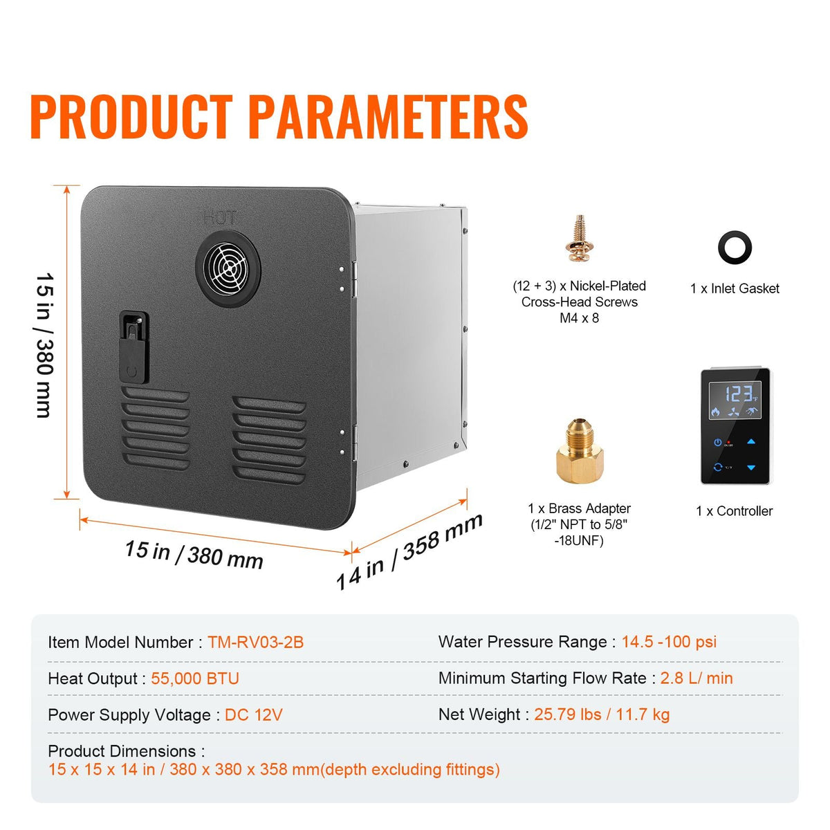 RV Tankless Water Heater, Instant Shower with 15 x 15 inches Black Door and Remote Controller, 55000BTU Optimized Comfort Performance Hot Water, Ideal for RVers' Family Everyday Use