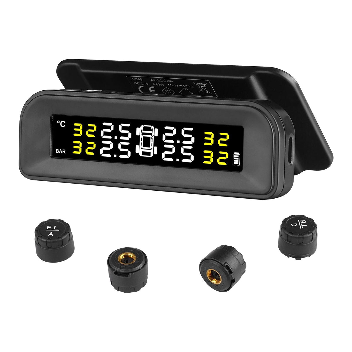 RV Tire Pressure Monitoring System, 7.3-87 PSI Trailer TPMS, Universal Wireless Car Alarm System, Waterproof TPMS Sensors Set with Solar Charge, 4 Sensors, 5 Alarm Modes, and Real-time Display